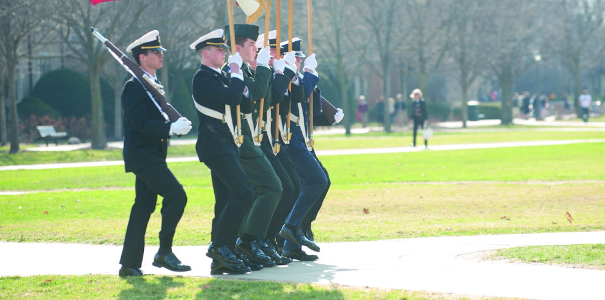 Members of the Navy ROTC participate in the Pass and Review on South Quad on April 9. ROTC members will participate in a 24-hour vigil at the Clarke Memorial Fountain for Veterans Day.