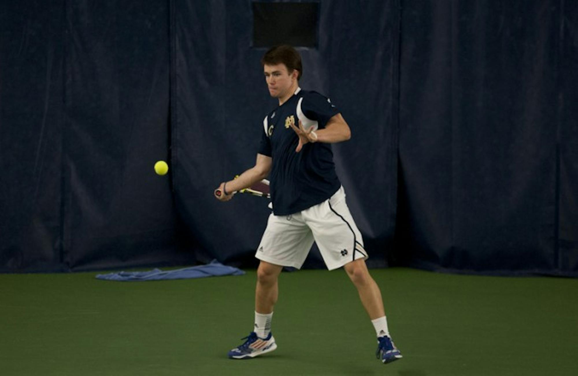 Irish senior Greg Andrews lines up a shot during Notre Dame’s 4-3 victory over Kentucky on Feb. 2.  Andrews is currently ranked No. 37 in the nation in singles play.