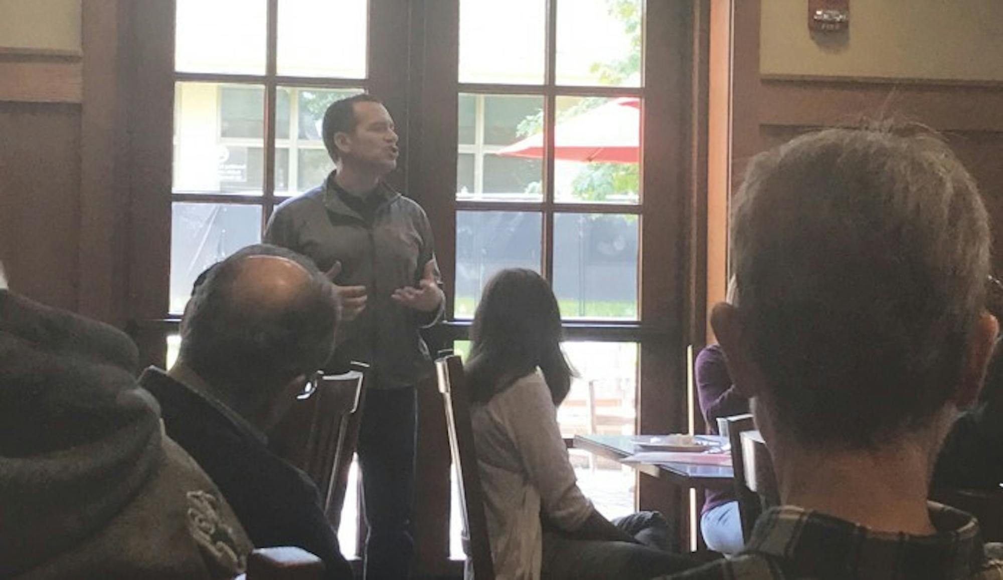 President of the North Central Indiana chapter of the American Federation of Labor and Congress of Industrial Organizations (AFL-CIO) Tony Flora delivers a lecture about immigration in Geddes Hall on Friday.