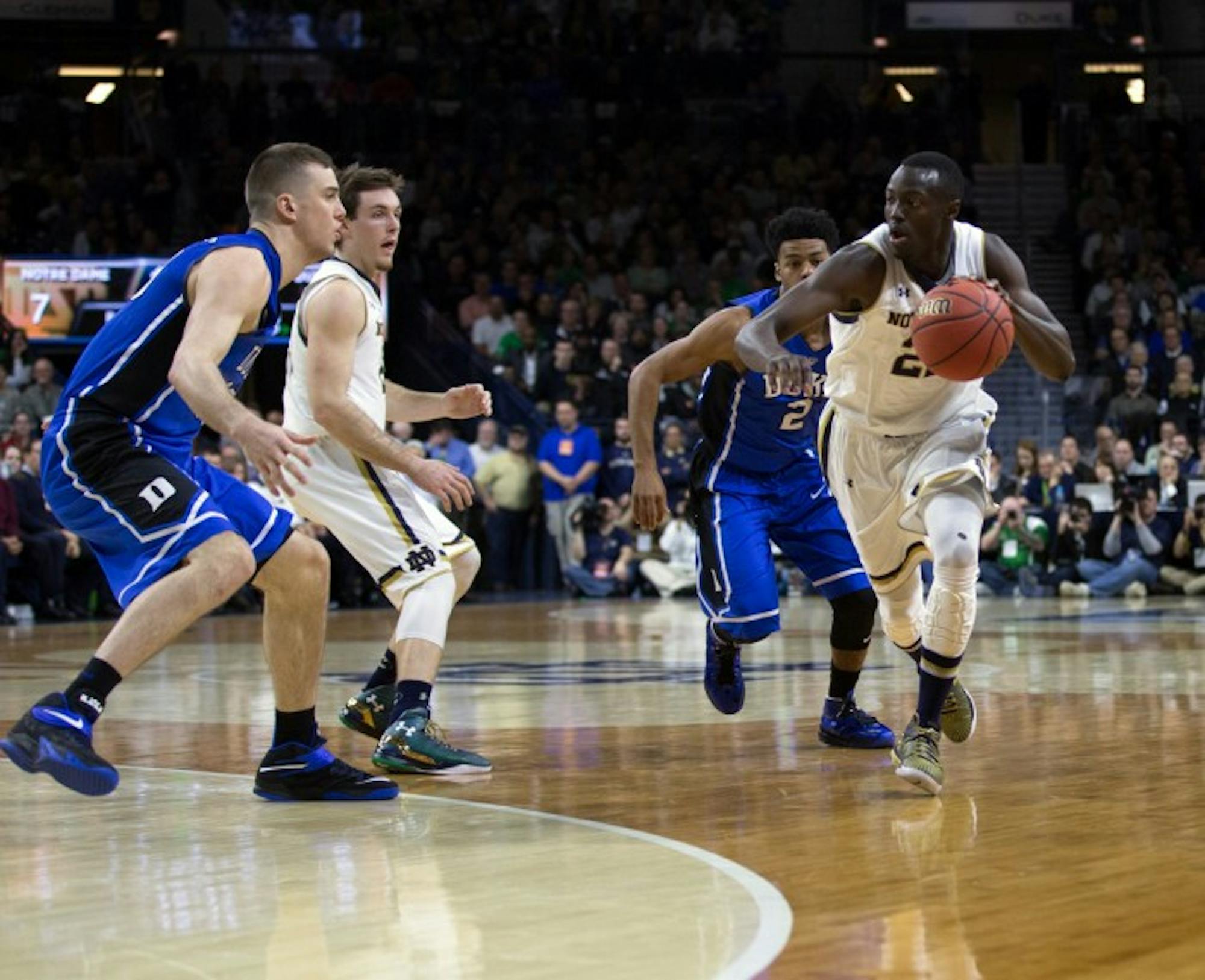 Irish senior guard Jerian Grant drives during Notre Dame's 77-73 win over Duke on Jan. 28 at Purcell Pavilion. Grant scored 23 points and added 12 assists in the victory.