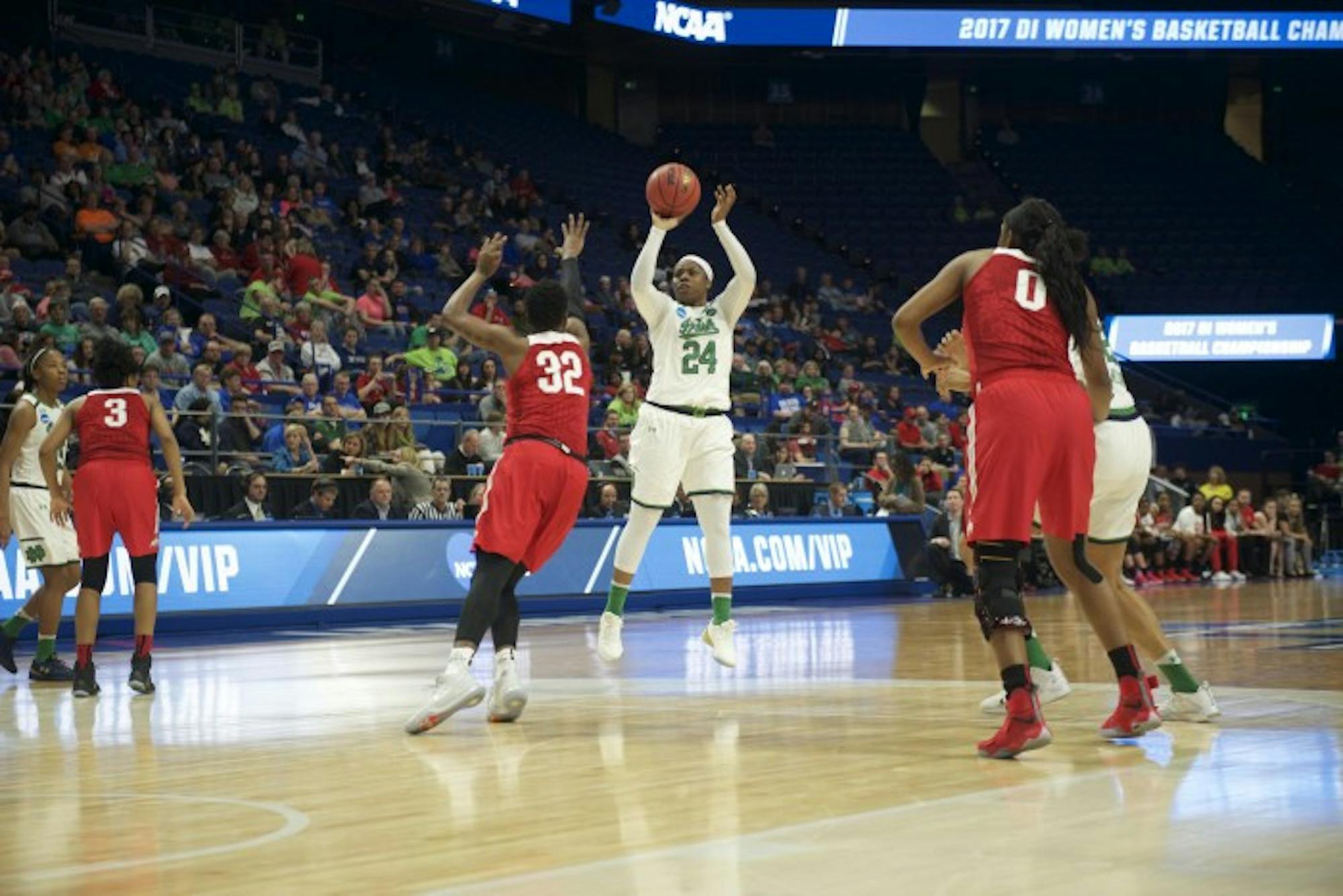 Irish sophomore guard Arike Ogunbowale attempts a 3-pointer during Notre Dame's 99-76 win over Ohio State on Friday at Rupp Arena in Lexington, Kentucky.