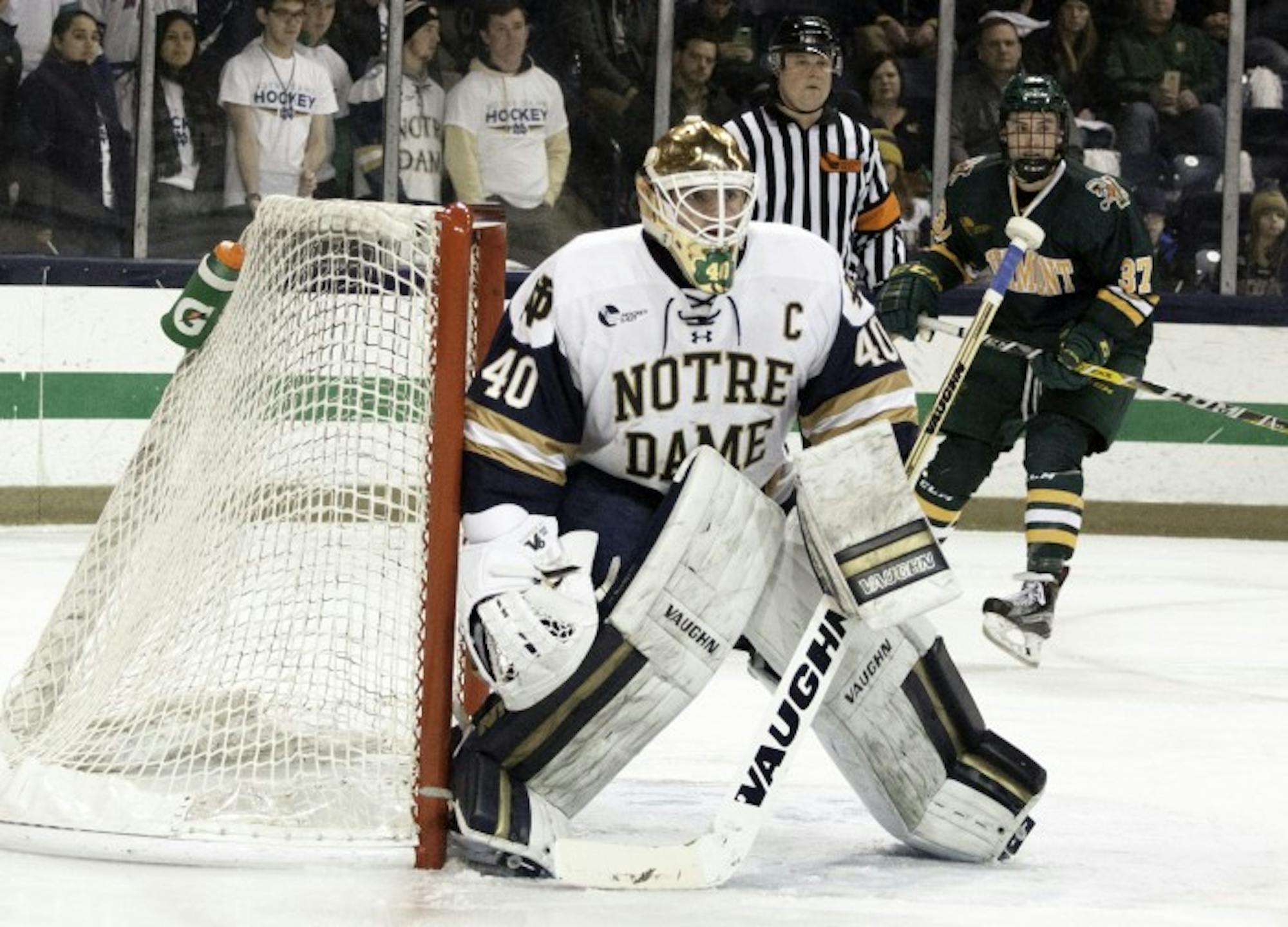 Irish junior goalie Cal Petersen mans his post in goal during Notre Dame’s 4-1 win over Vermont on Feb. 4 at Compton Family Ice Arena.