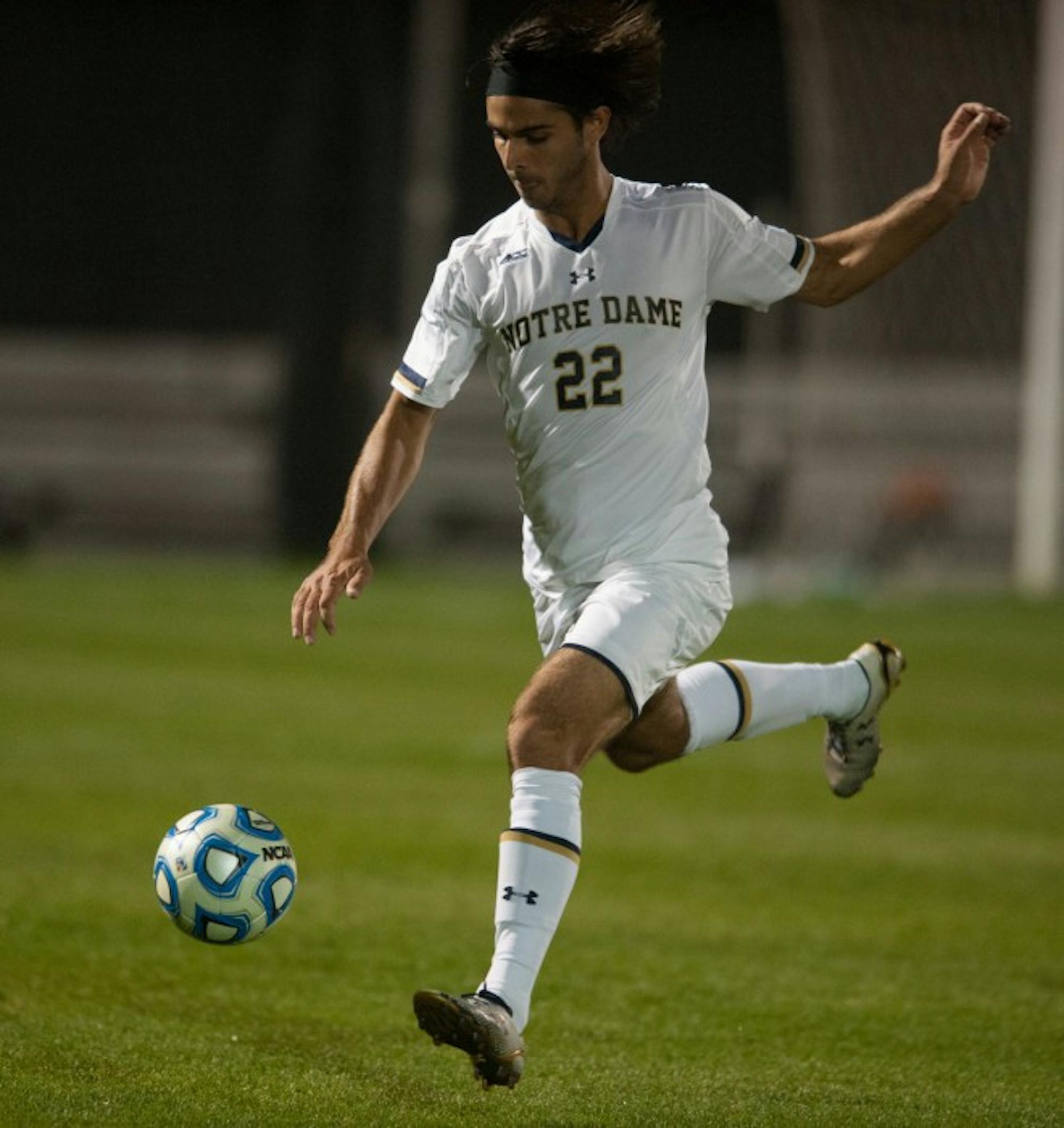 Irish graduate student Vince Cicciarelli prepares to unleash a shot during Notre Dame’s 1-0 double- overtime win over VCU on Tuesday. Cicciarelli had two shots on the night.