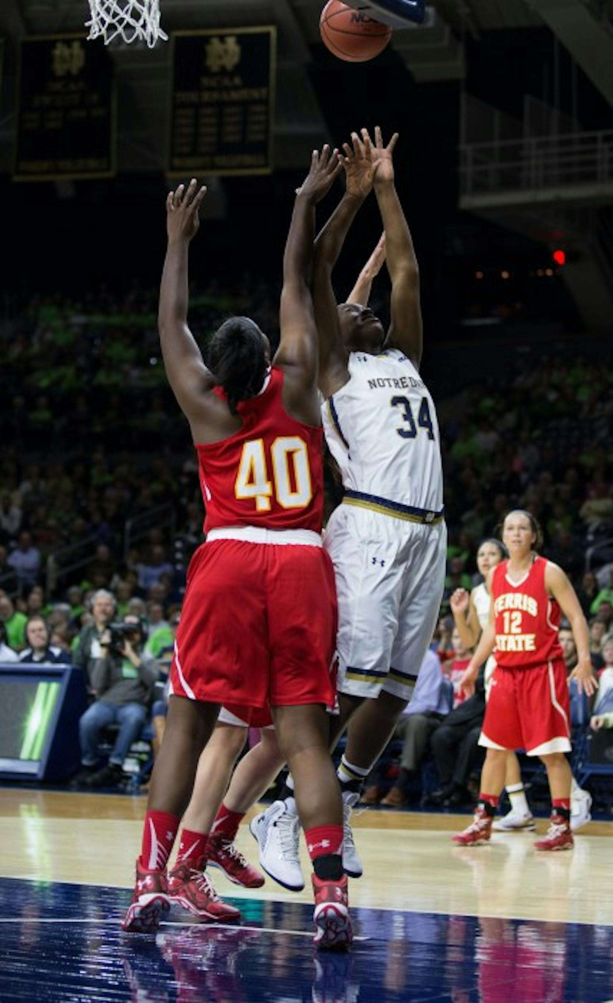 Irish senior forward Markisha Wright goes up for the rebound during Notre Dame's 92-32 exhibition win over Ferris State on Nov. 5.