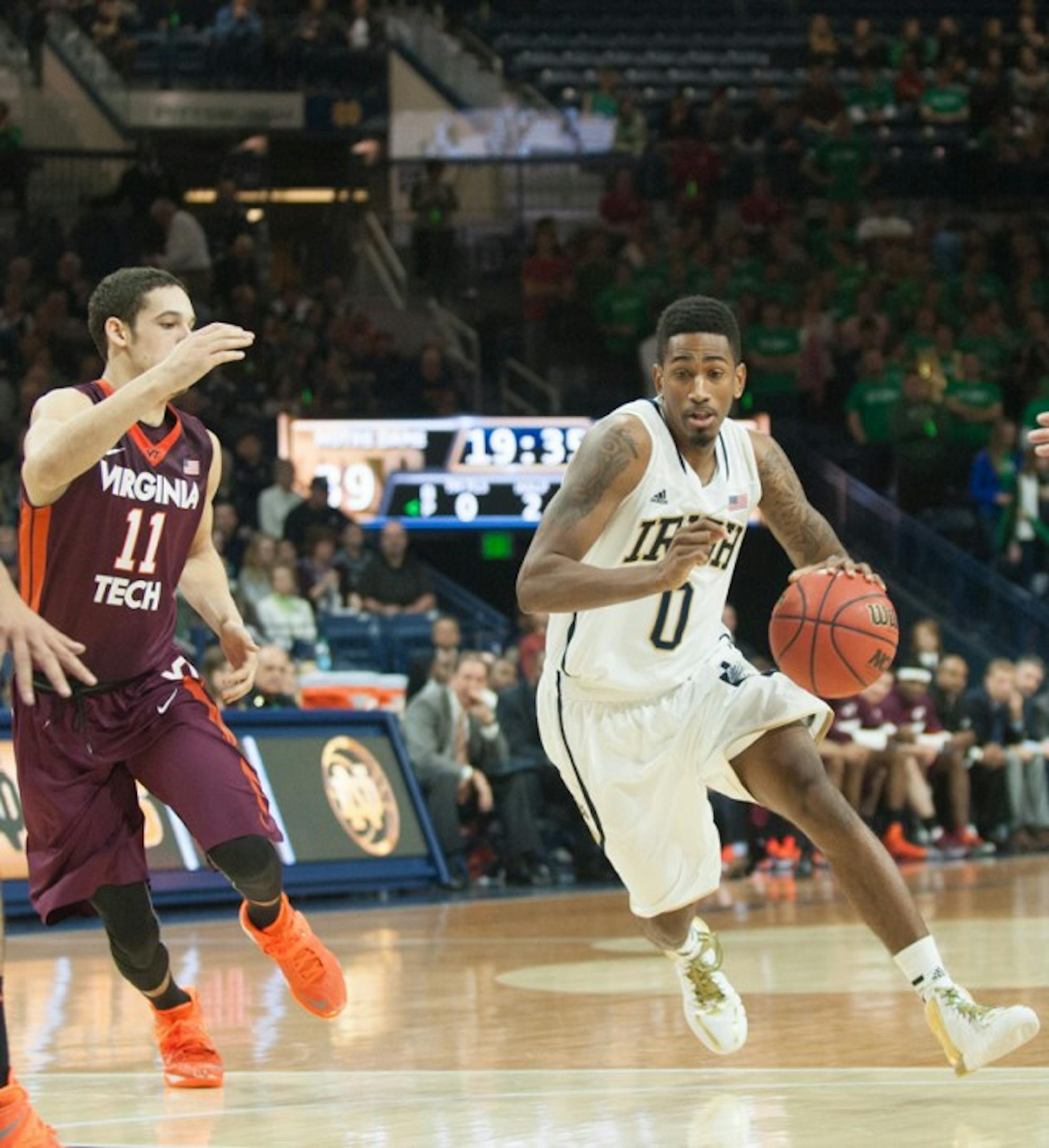 Irish senior guard Eric Atkins drives to the basket during Notre Dame's 70-63 win over Virginia Tech on Sunday. Atkins scored 24 points in Notre Dame's 76-74 loss at Florida State on Tuesday evening.