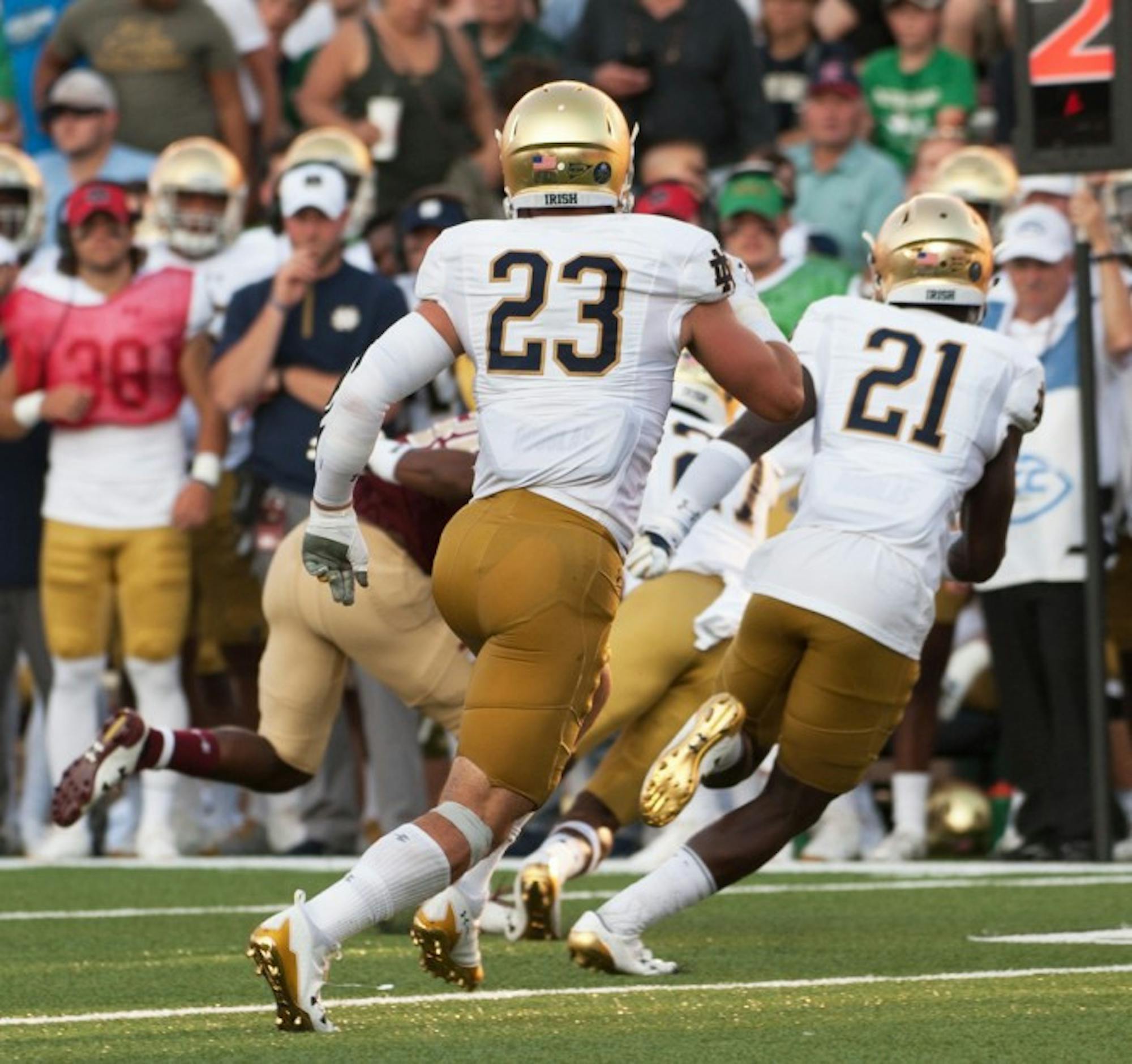 Irish senior linebacker Drue Tranquill chases down the opponent during Notre Dame’s 49-20 win over Boston College on Saturday at Alumni Stadium.  Tranquill had four tackles against the Eagles.