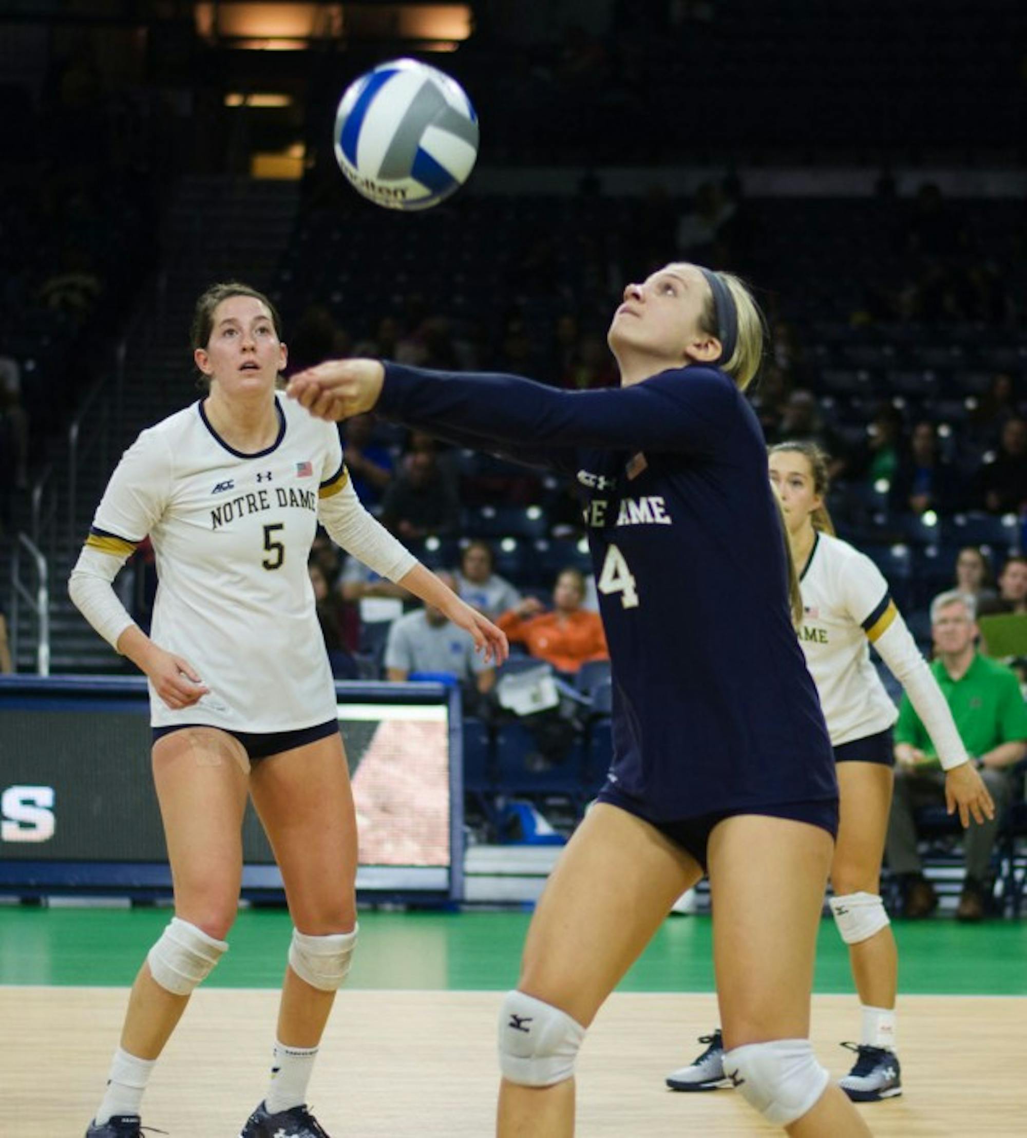 Irish sophomore libero Ryann DeJarld sets the ball during Notre Dame's 3-1 victory over Duke on Sept. 30 at Purcell Pavilion.