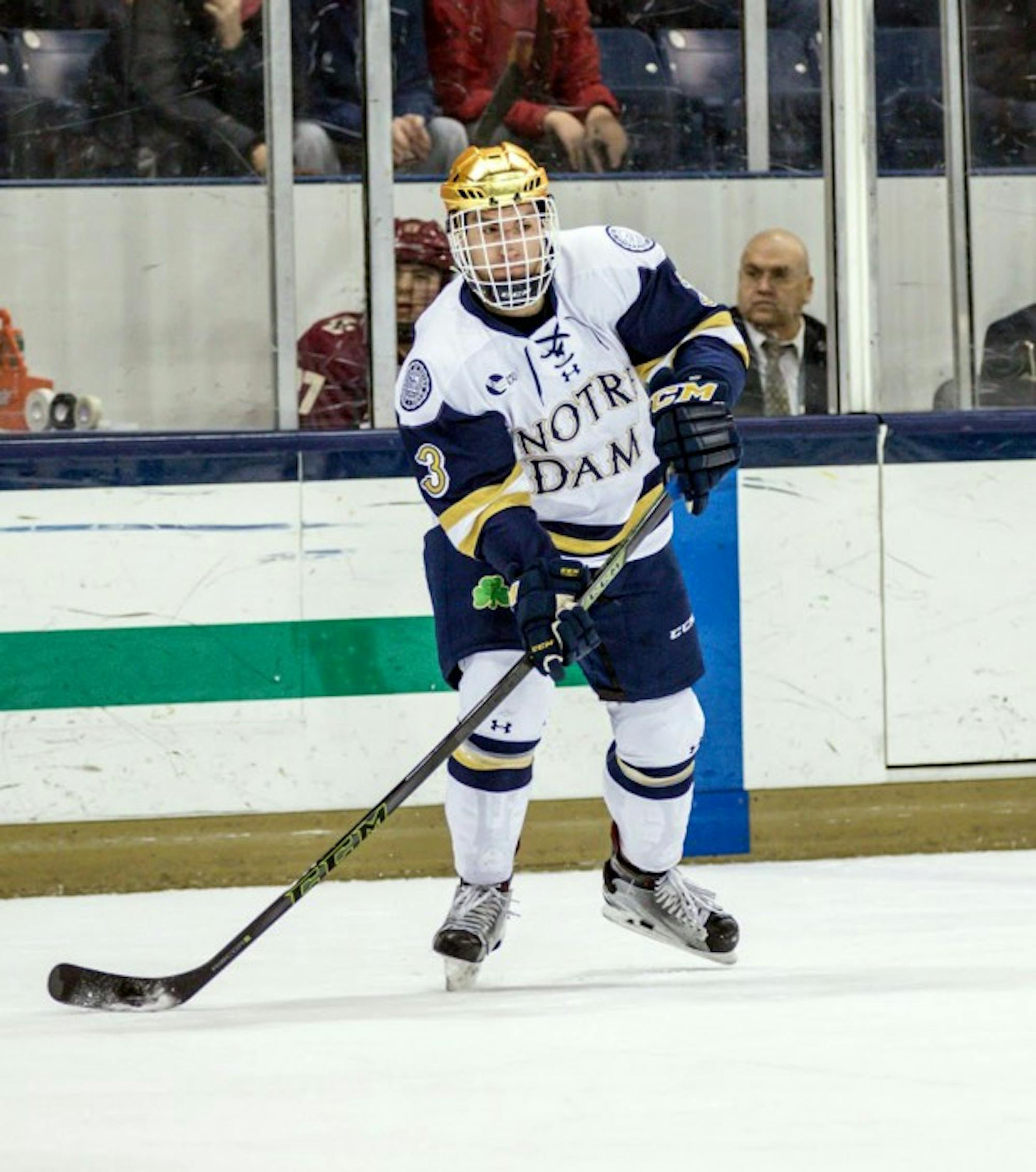 Irish sophomore Jordan Gross awaits a pass on the power play during Notre Dame’s 4-0 loss to Boston College on Friday night.