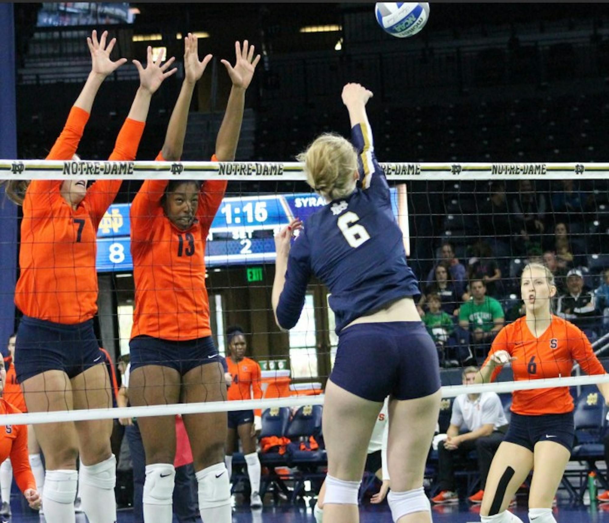 Sophomore outside hitter Maddie Plumlee spikes the ball during a 3-2 loss to Syracuse on Sunday at Purcell Pavilion.