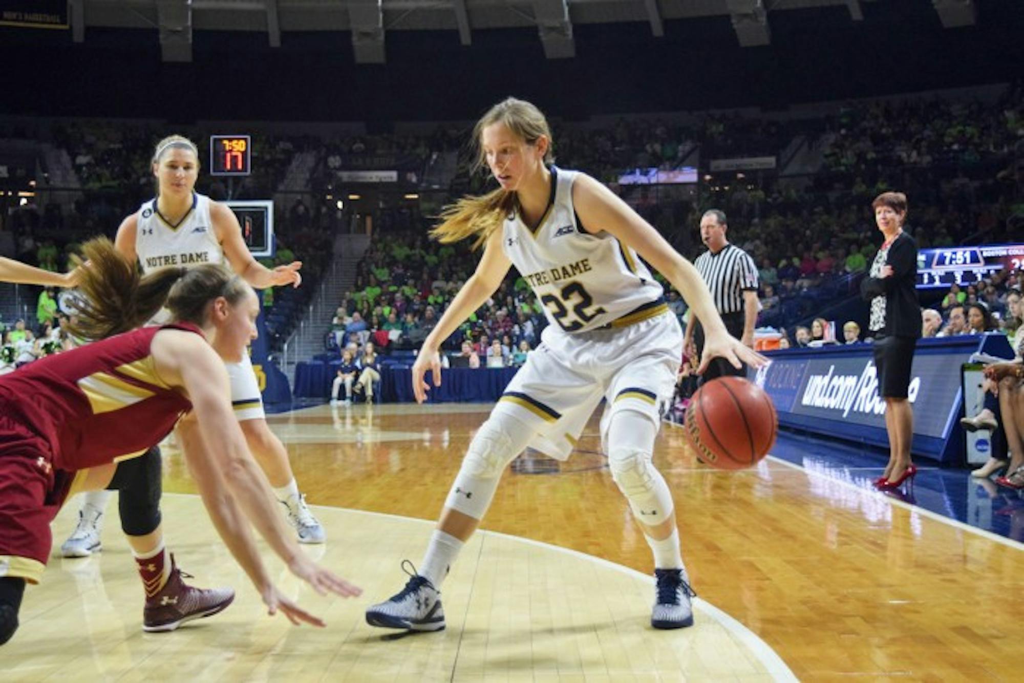 Graduate student guard Madison Cable steps behind the line during Notre Dame’s 70-58 win over Boston College on Feb. 27.