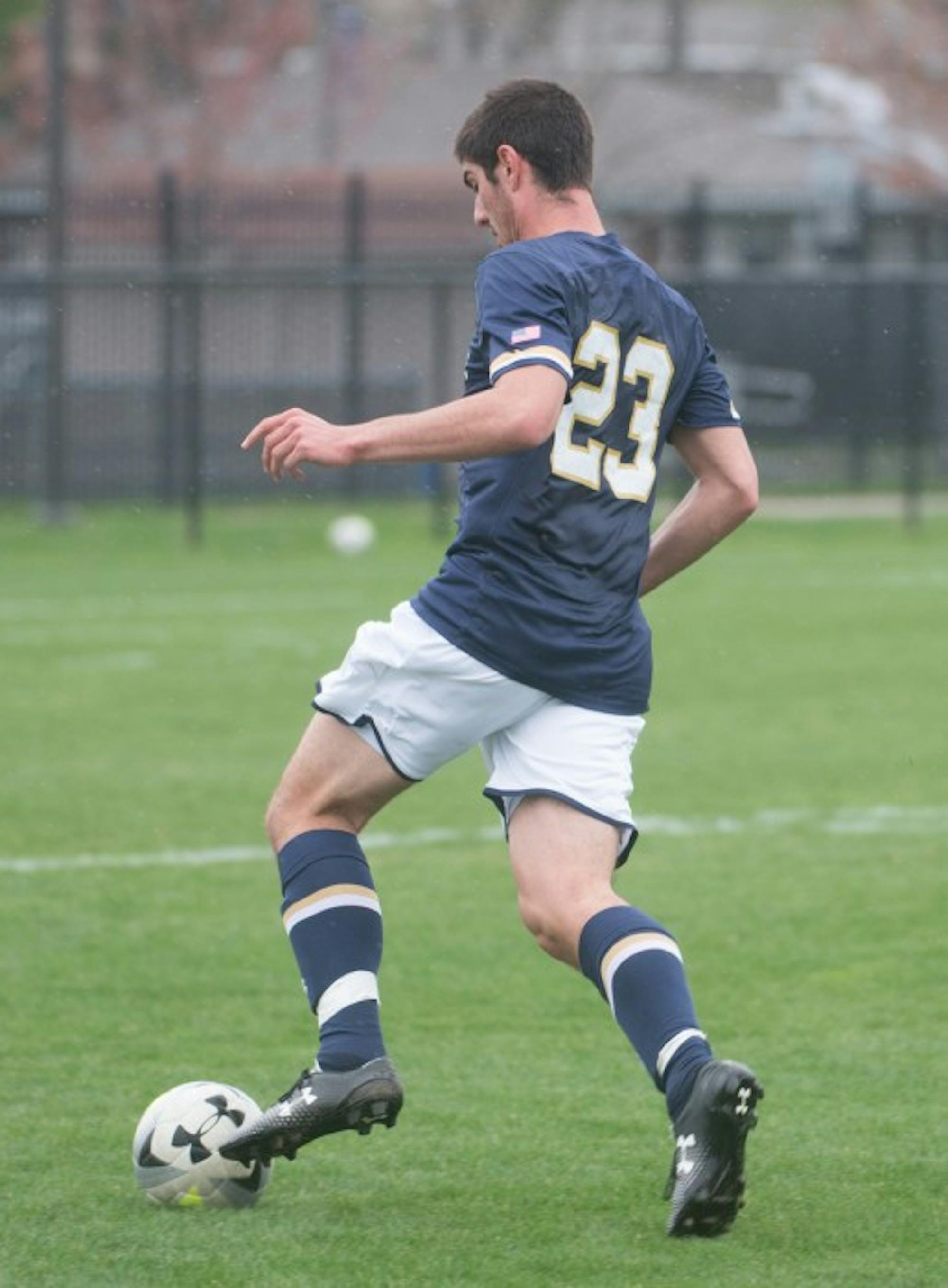 Sophomore forward Jeffrey Farina pushes the ball during a spring exhibition against Valparaiso on April 19 at Old Alumni Field.