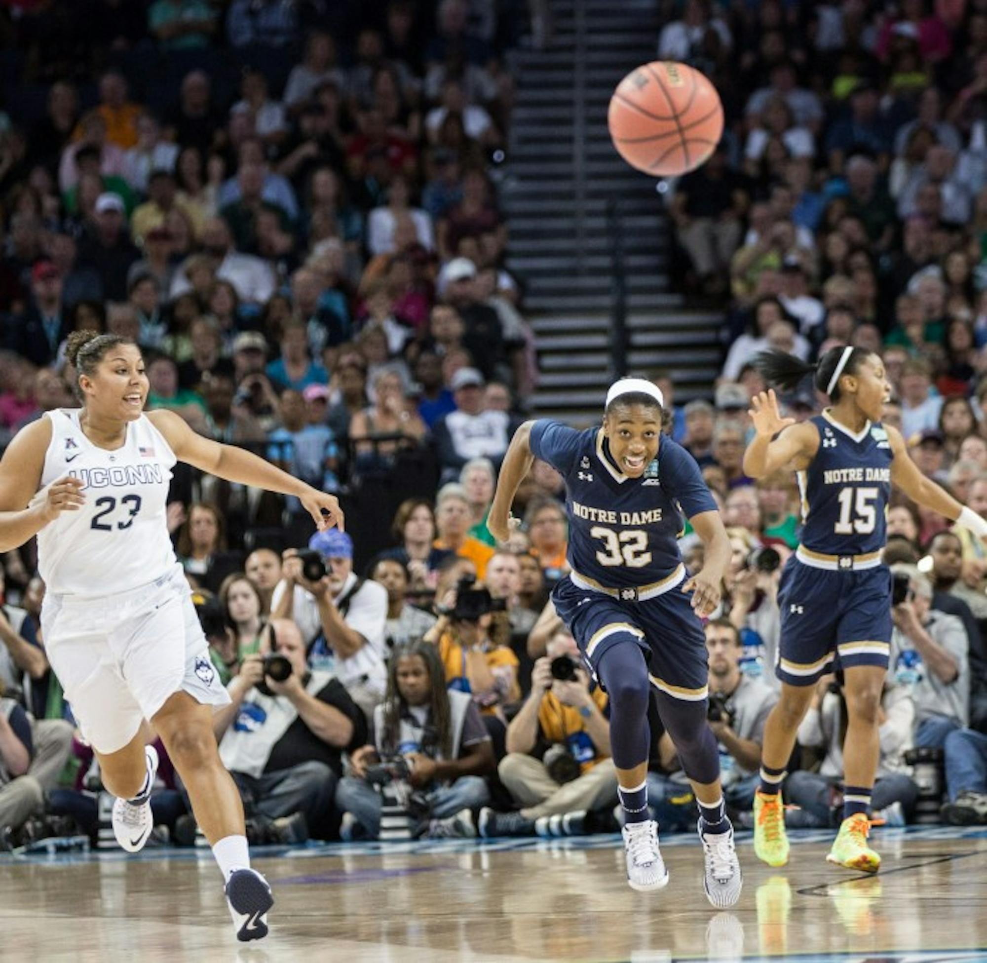 Irish junior guard Jewell Loyd pursues a loose ball during Tuesday's 63-53 loss to Connecticut in the NCAA championship game.
