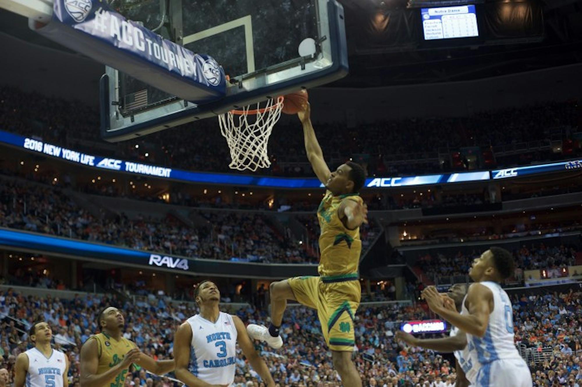 Junior forward V.J. Beachem throws down a dunk during Notre Dame’s 78-47 loss to North Carolina in March 11’s ACC tournament semifinal.