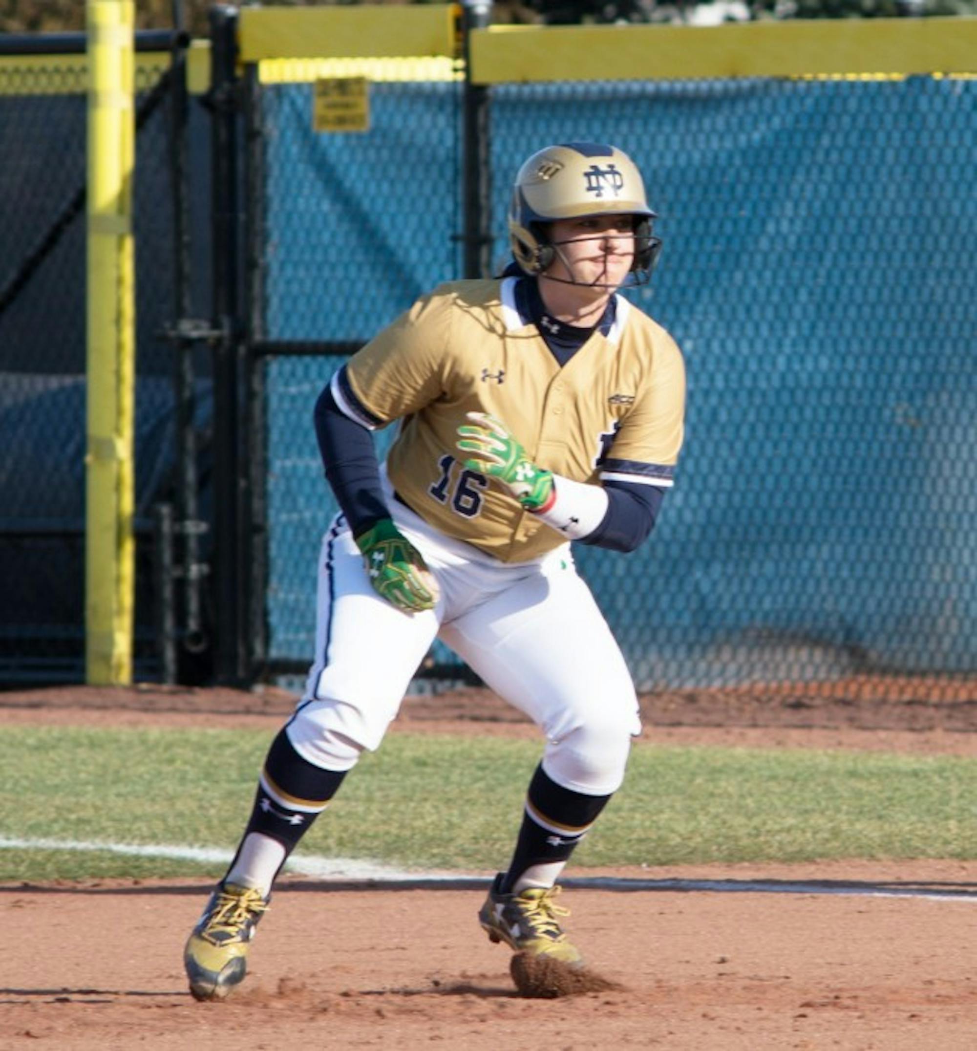 Irish freshman designated player Caitlyn Brooks takes a leadoff during Notre Dame’s 10-2 win against Eastern Michigan on March 22. Brooks hit a three-run home run this weekend against North Carolina.