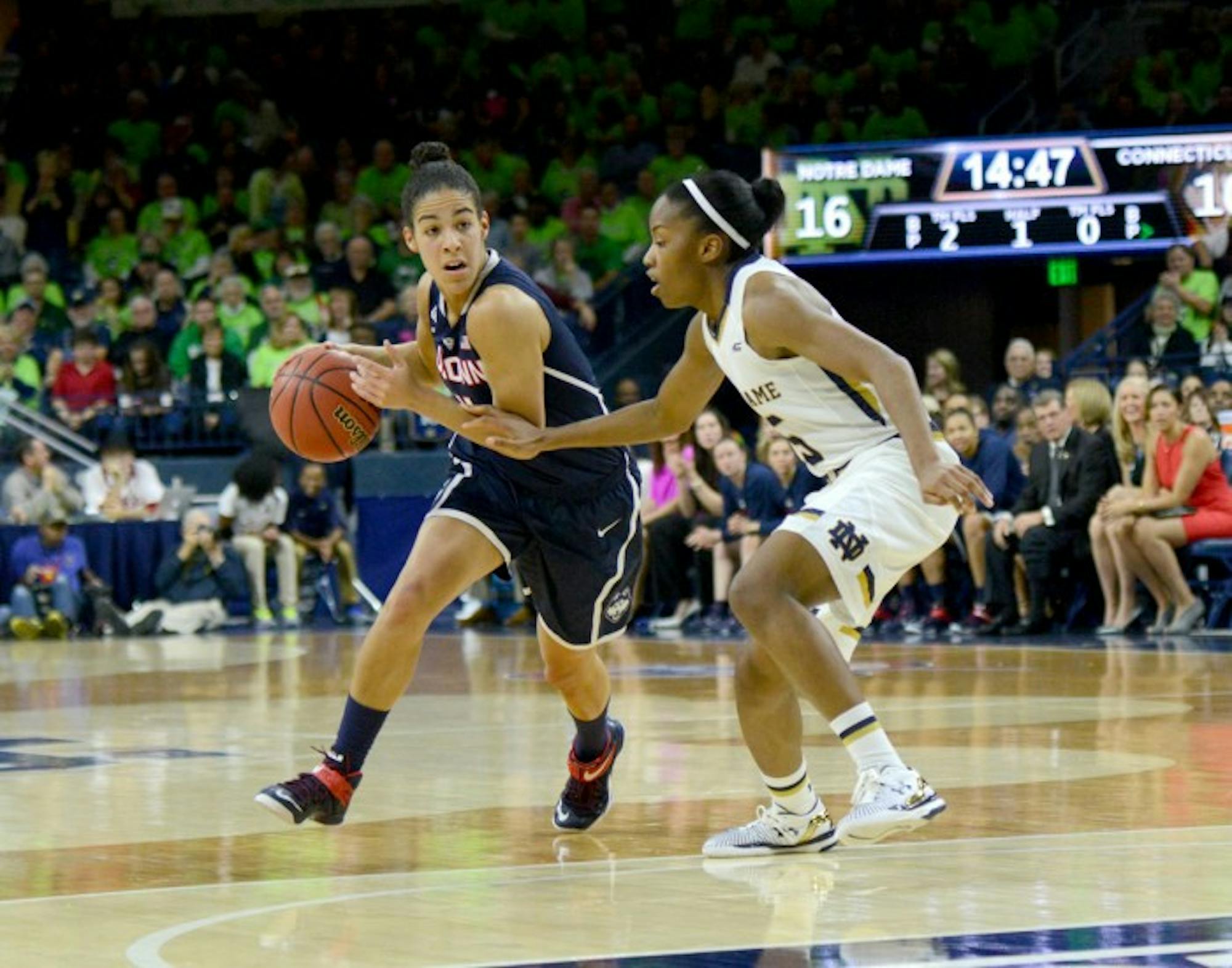 Irish sophomore guard Lindsay Allen plays tight defense during Notre Dame’s 76-58 loss to  Connecticut on Dec. 6 at Purcell Pavilion.