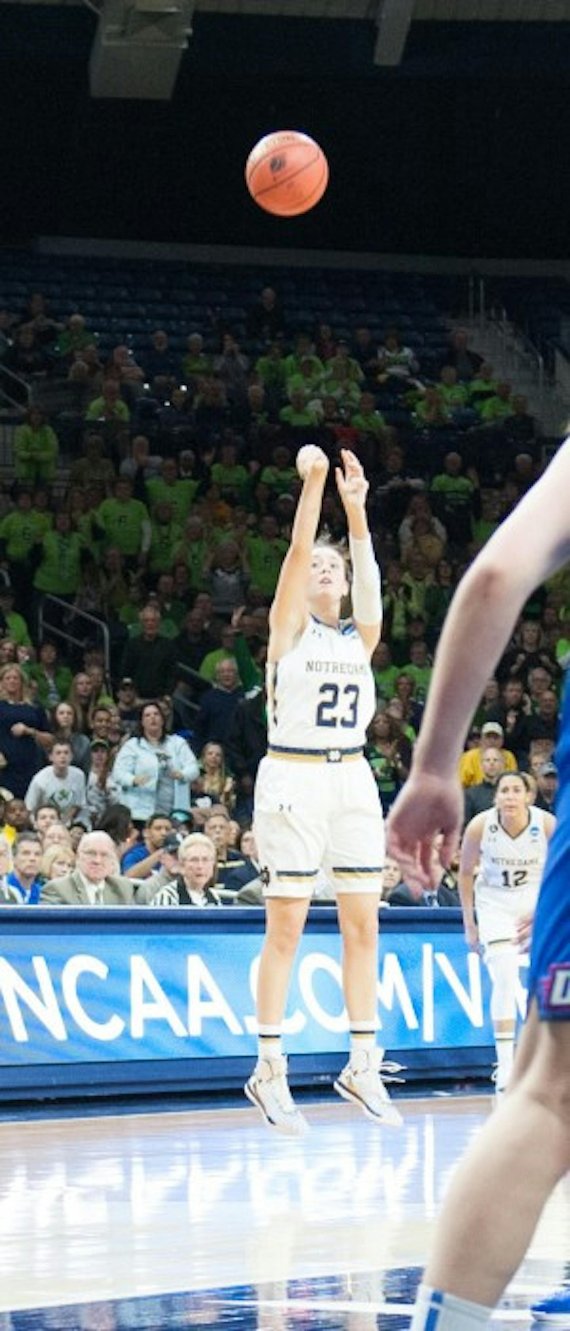 Irish junior guard Michaela Mabrey takes a 3-pointer during Notre Dame's 79-67 win over DePaul on Sunday.