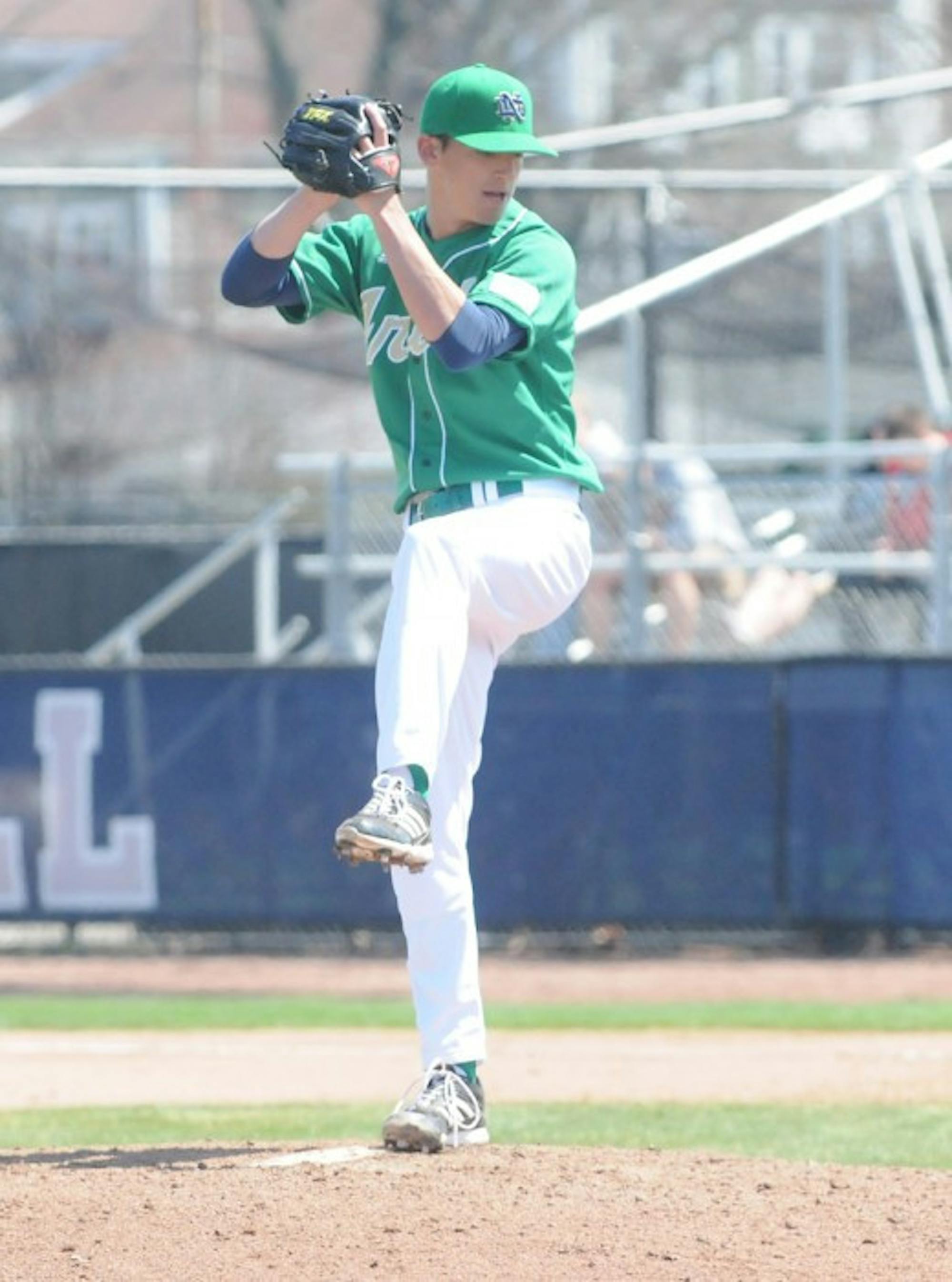 Irish senior pitcher Sean Fitzgerald winds up in a game against Quinnipiac on April 21, 2013. Fitzgerald allowed just four hits and one unearned run but got the loss in Friday's 1-0 defeat to Wake Forest.