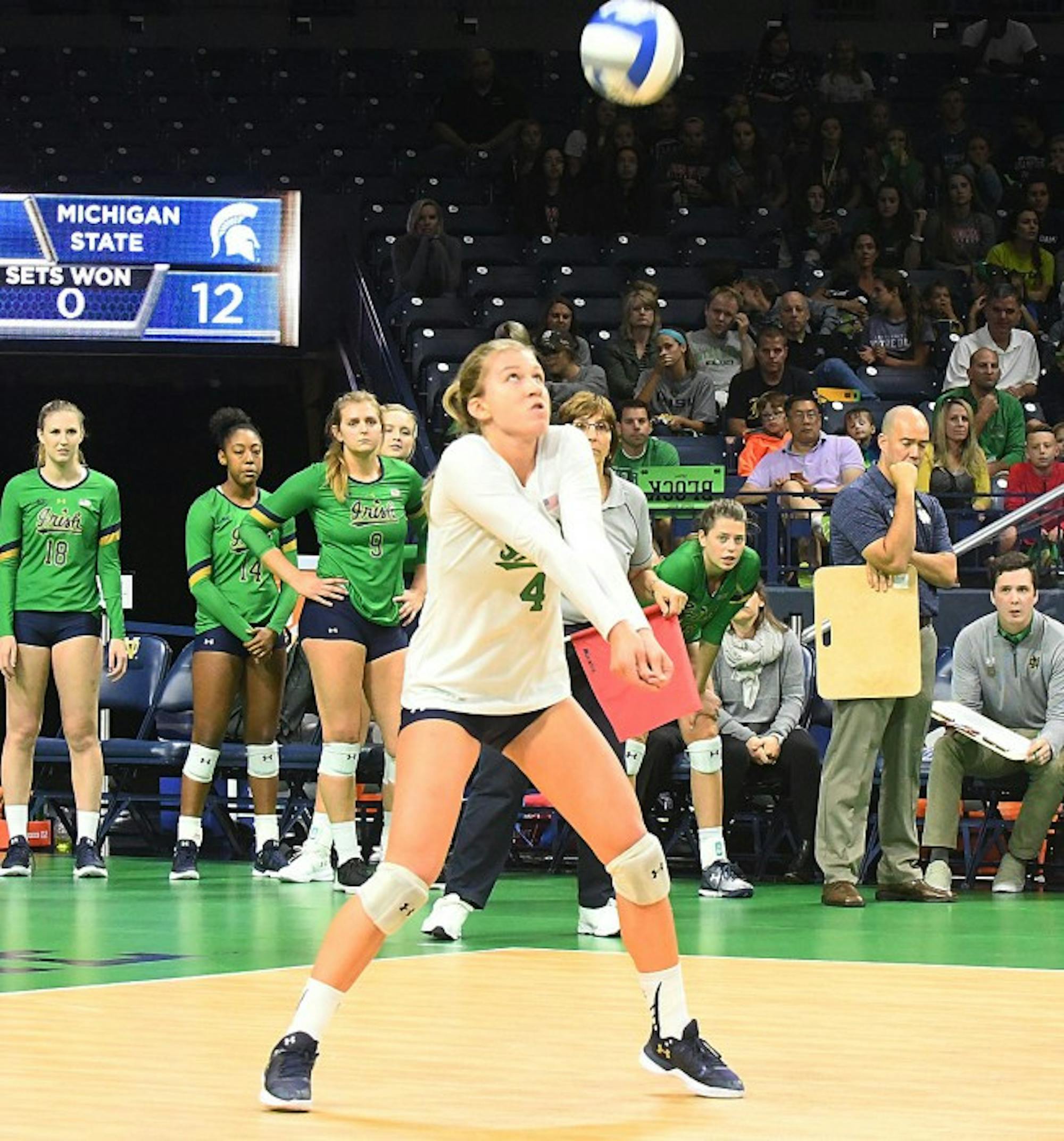 Irish junior Ryann DeJarld prepares to hit the ball during Notre Dame's 3-0 win over Michigan State on Sept. 15 at Purcell Pavilion. DeJarld now has 1,547 career digs, third all-time in program history.