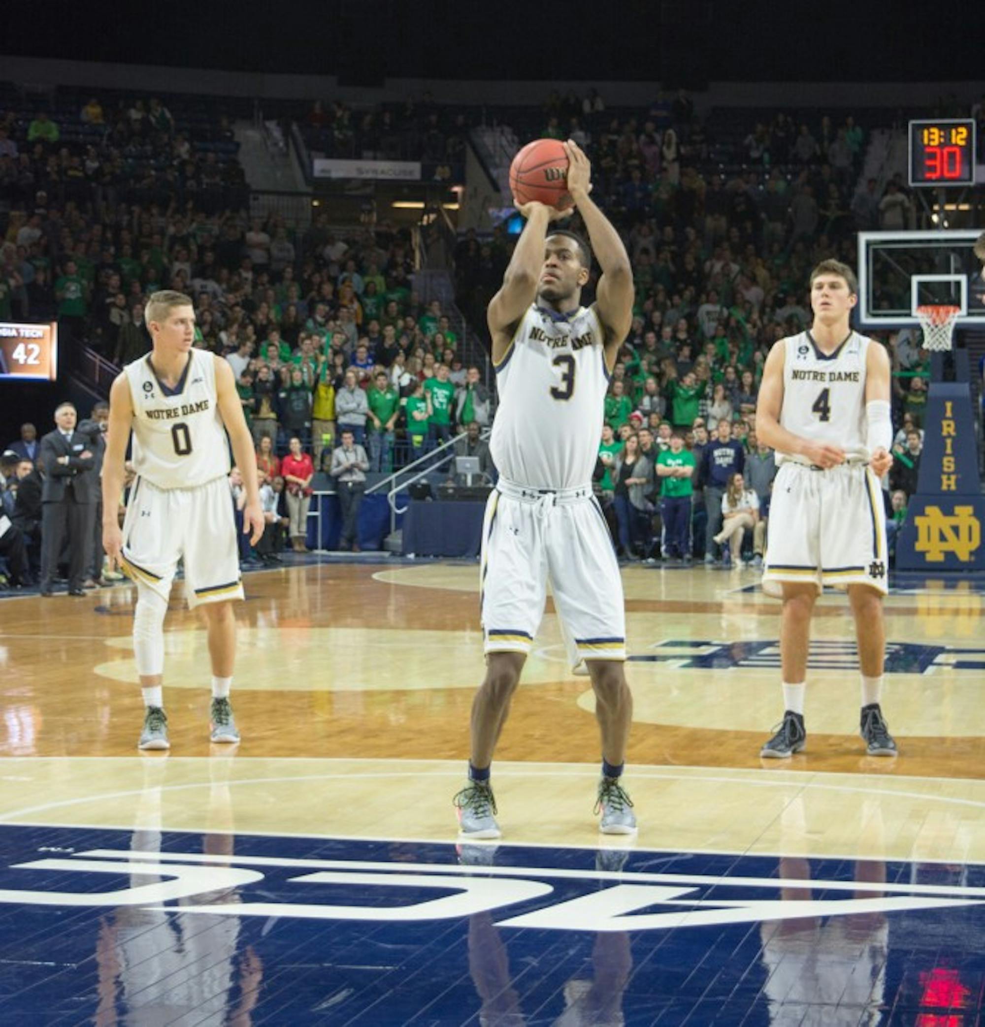 Irish junior forward V.J Beachem shoots a free throw during Notre Dame’s 72-65 win over Georgia Tech on Jan. 13 at Purcell Pavilion. Beachem scored six points, including a three-pointer for the Irish.