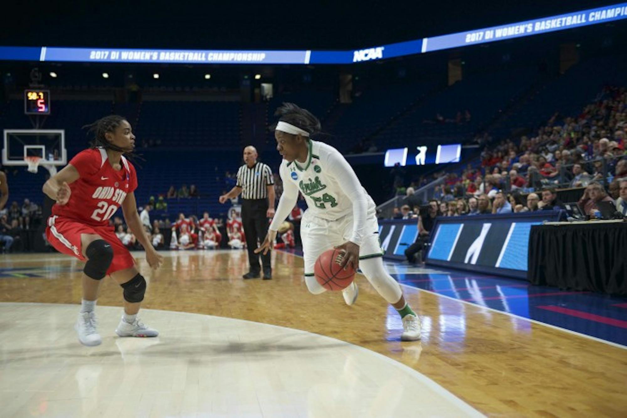 Irish sophomore guard Arike Ogunbowale drives to the basket during Notre Dame's 99-76 win over Ohio State on Friday at Rupp Arena in Lexington, Kentucky.