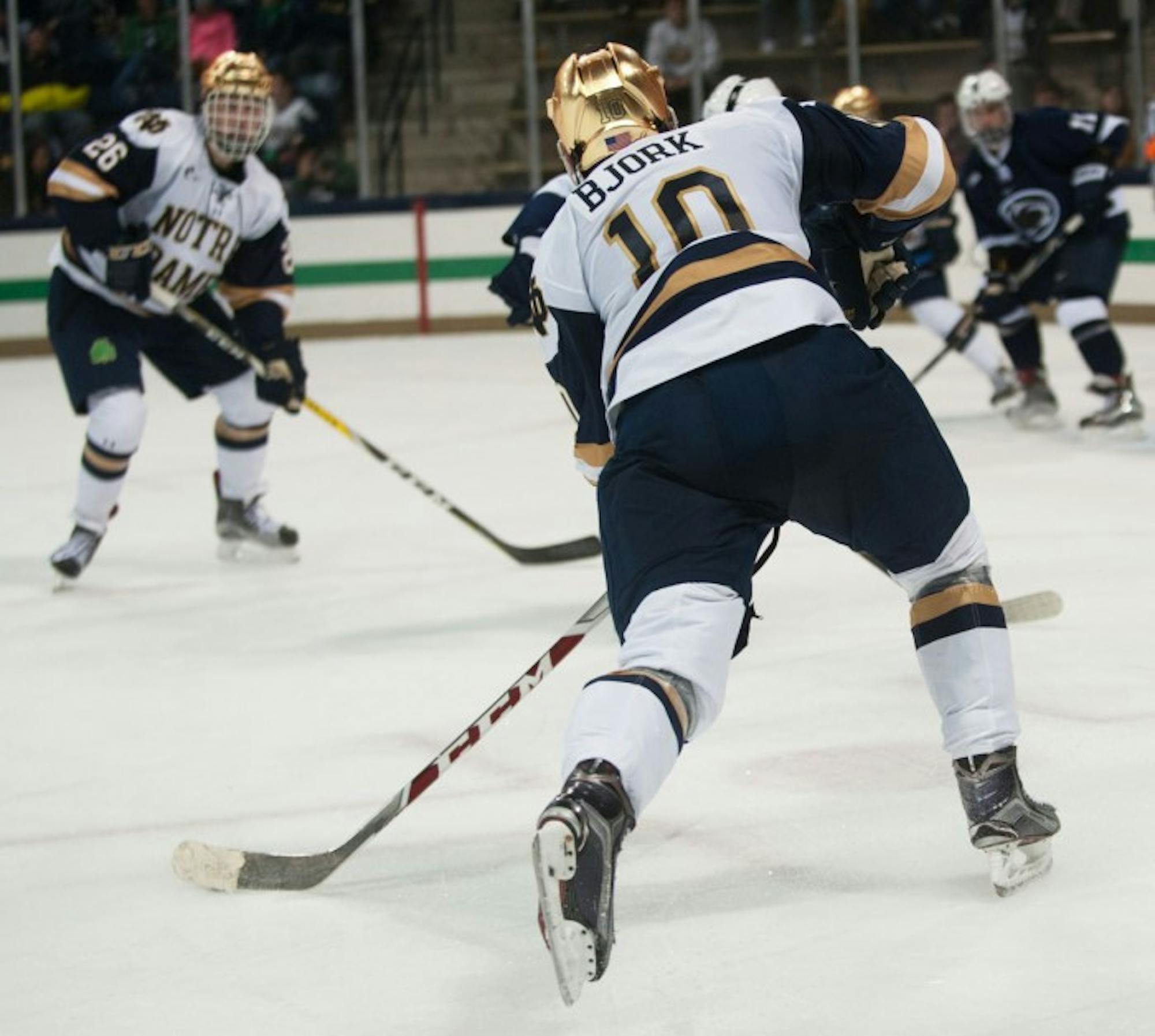 Irish junior forward Anders Bjork gets set to shoot in Notre Dame's 3-2 overtime loss to Penn State on Saturday at Compton Family Ice Arena.