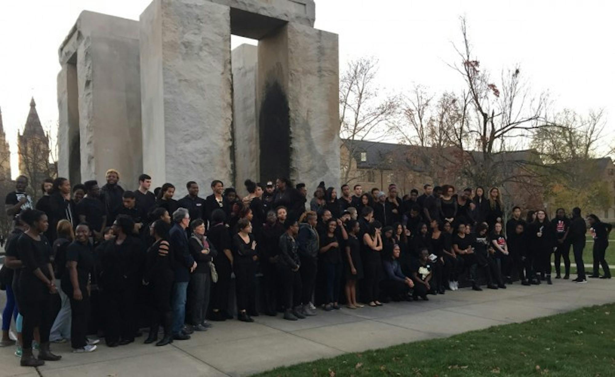 Students gathered around Clarke Memorial Fountain on Sunday afternoon to stand in solidarity with students at Mizzou.
