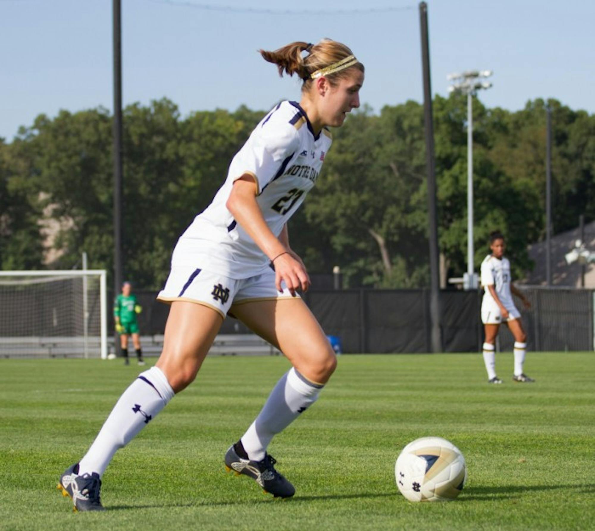 Irish senior forward Kaleigh Olmsted dribbles the ball during Notre Dame’s 1-0 win over Missouri on Sept. 4 at Alumni Stadium.