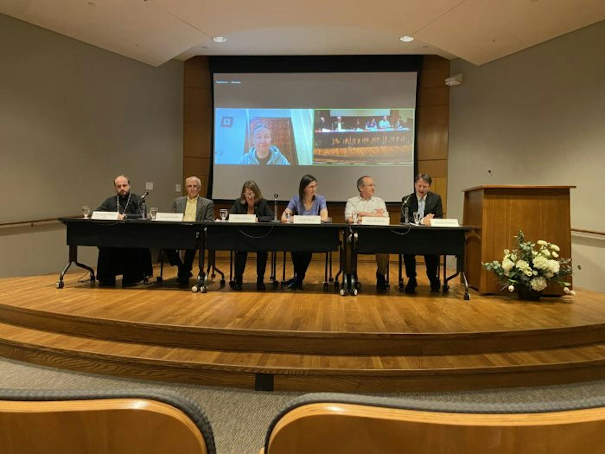 Panelists from left to right: Fr. Andrij Hlabse, David Cortright, Erin Corcorna, Karrie Koesel, Asher Kauffman, and moderator Clemens spoke at the Hesburgh Center for International Studies. Panelist Marianna Kozintseva joined the event via Zoom.