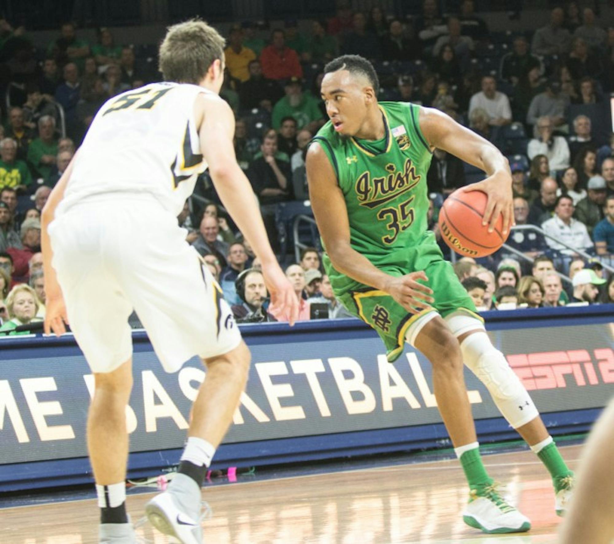 Irish junior forward Bonzie Colson looks to pass during Notre Dame’s 92-78 win against Iowa on Tuesday in Purcell Pavilion. Colson had a career-high 17 rebounds and 22 points in the victory.