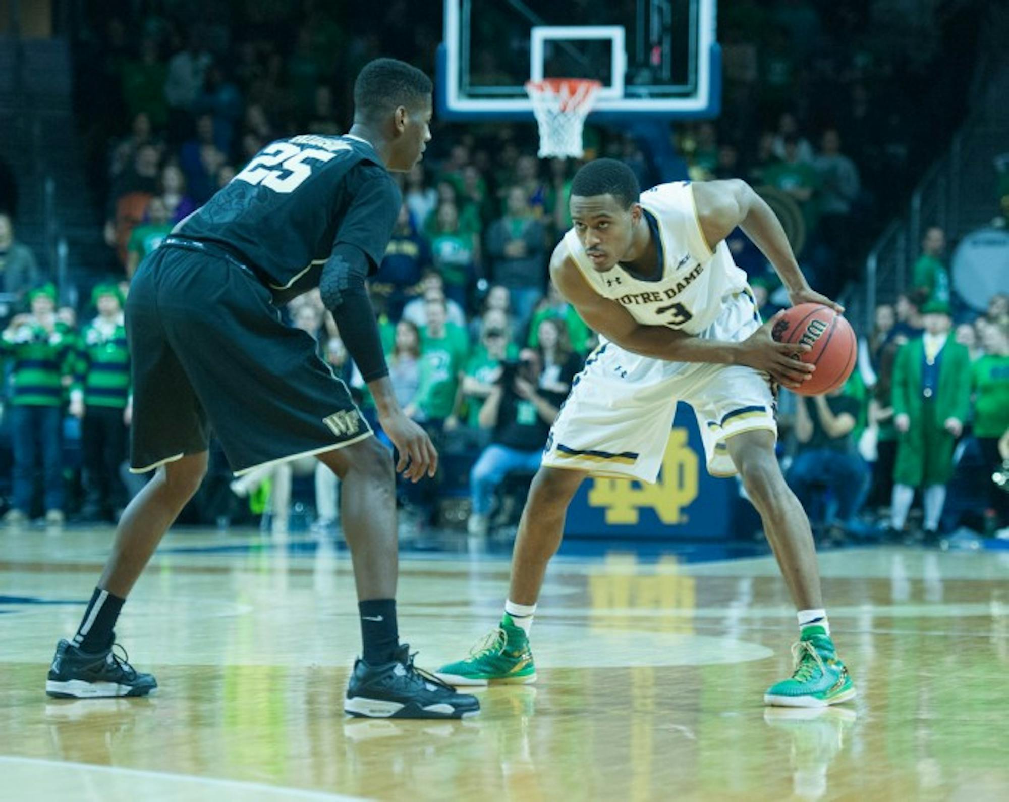 Irish sophomore guard V.J Beachem analyzes the defense during Notre Dame’s 88-75 win over Wake Forest on Feb. 17 at Purcell Pavilion.