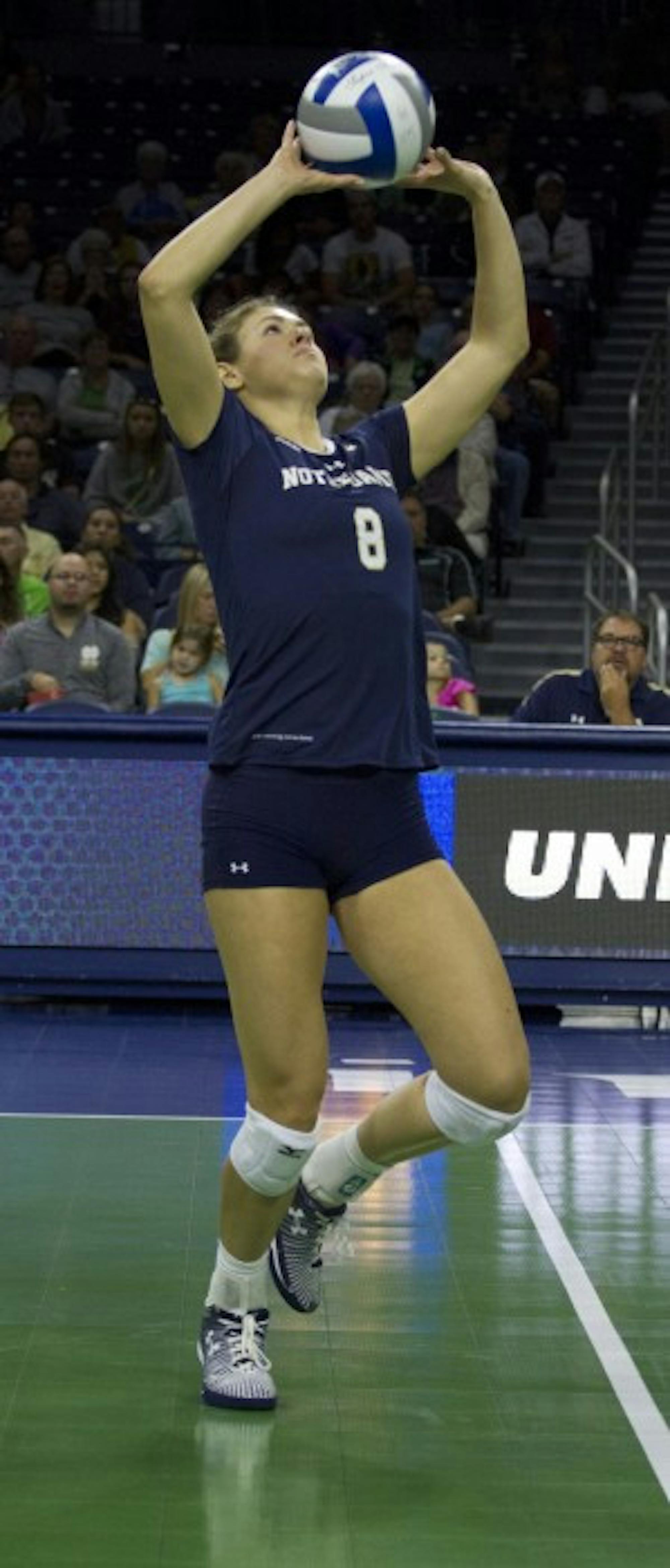 Sophomore setter Maddie Dilfer sets the ball during the Irish loss on Sunday against Flordia State at Purcell Pavilion.