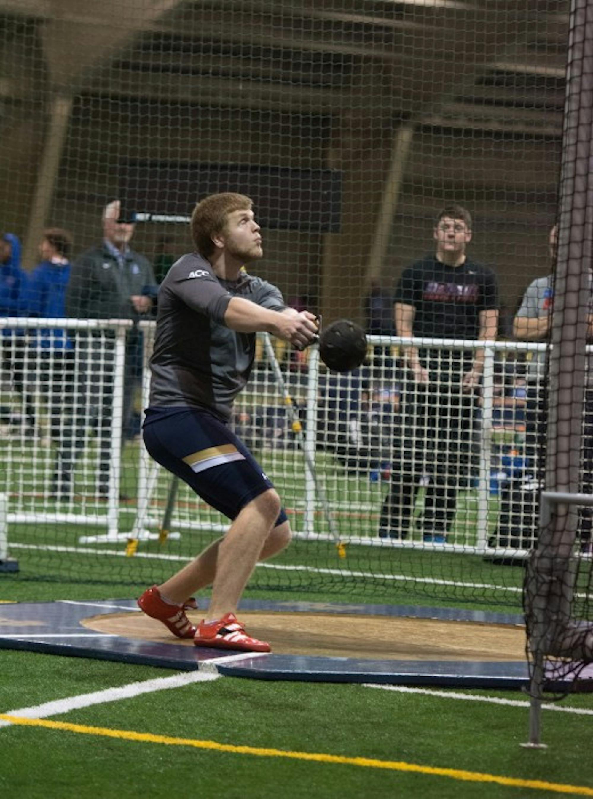 Junior Anthony Shrivers competes in the weight throw during the Meyo Invitational on Feb. 6, 2015 at Loftus Sports Center.