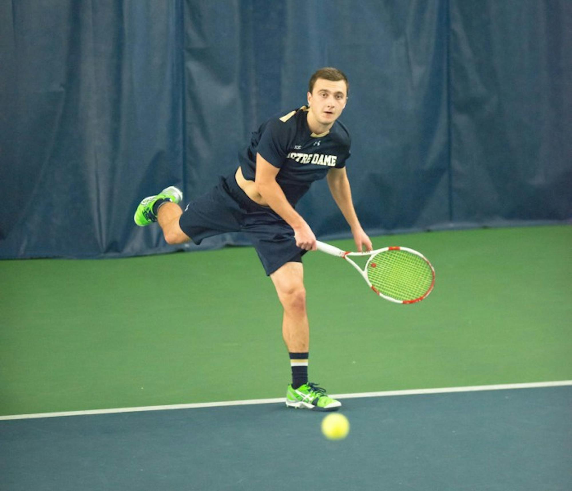 Irish sophomore Eddy Covalschi returns a shot during Notre Dame's 4-3 win over Oklahoma State on Jan. 24 at Eck Tennis Pavilion.