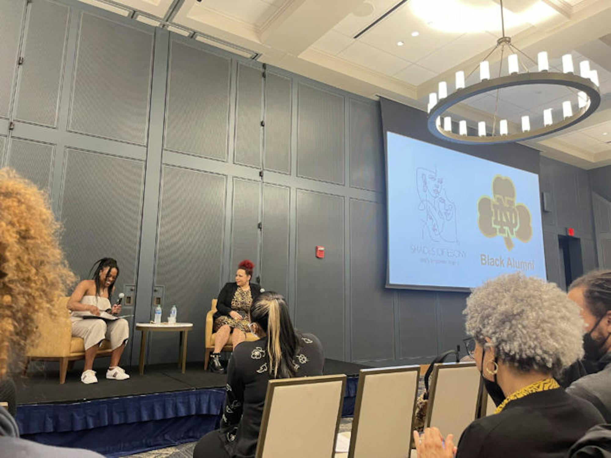 A photo of the Nikole Hannah-Jones Event at McKenna Hall. Cassidy Ferrell interviewing Nikole Hannah-Jones about her experiences at Notre Dame and beyond.