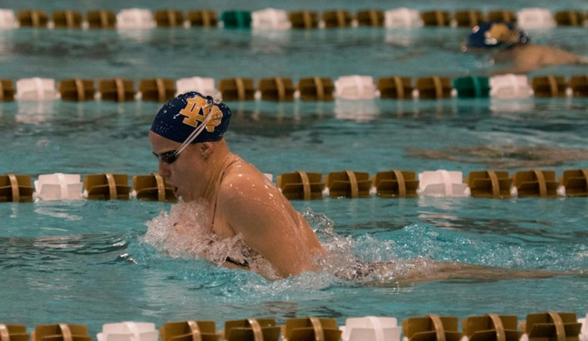 Irish senior Emma Reaney swims in a breaststroke event at Rolfs Aquatic Center against Purdue on Nov. 1. Notre Dame lost,170-128. Reaney won a silver medal at the FINA Short Course World Championships.