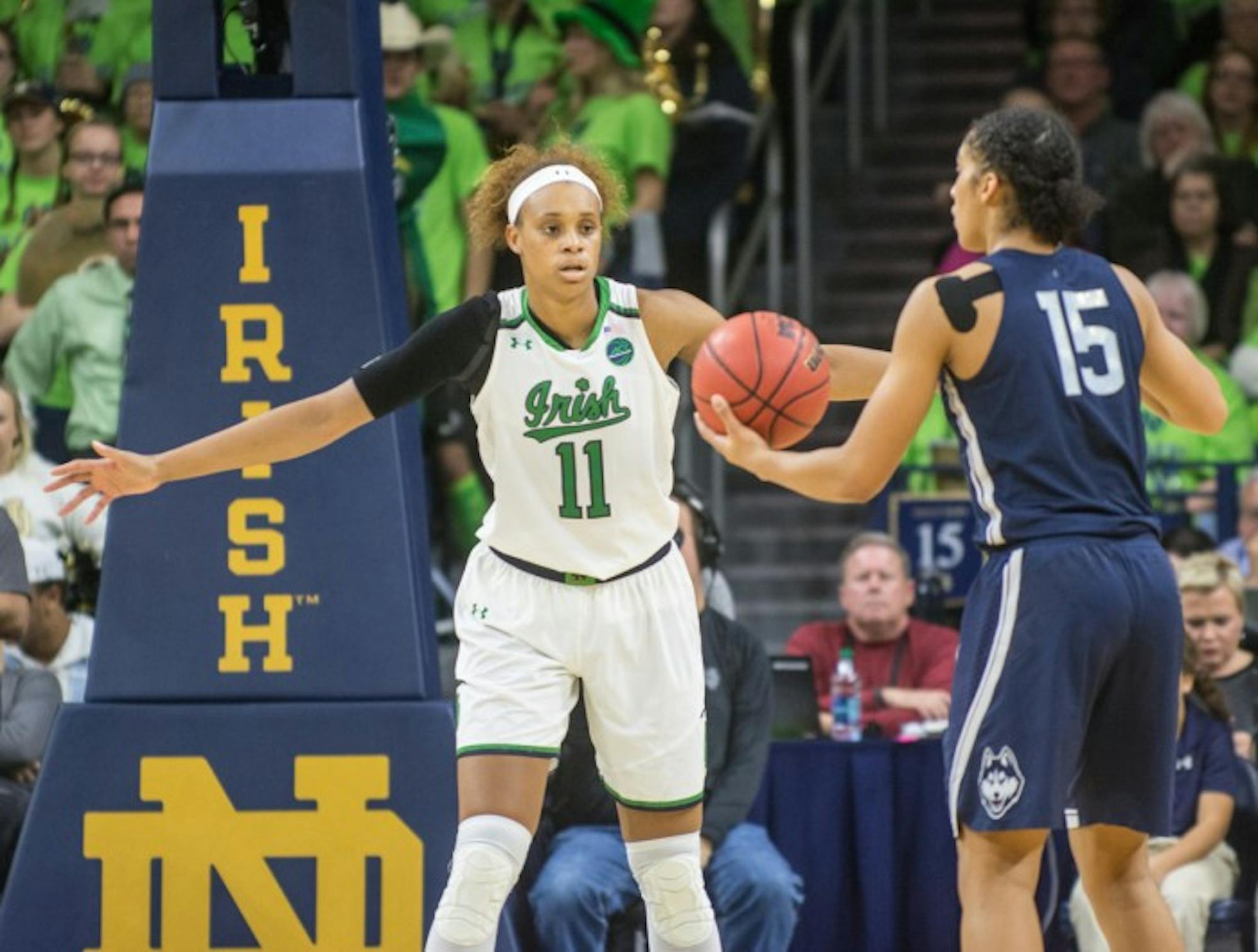Irish junior forward Brianna Turner positions in front of the ball-handler in Notre Dame’s 72-61 loss to UConn on Dec. 7.