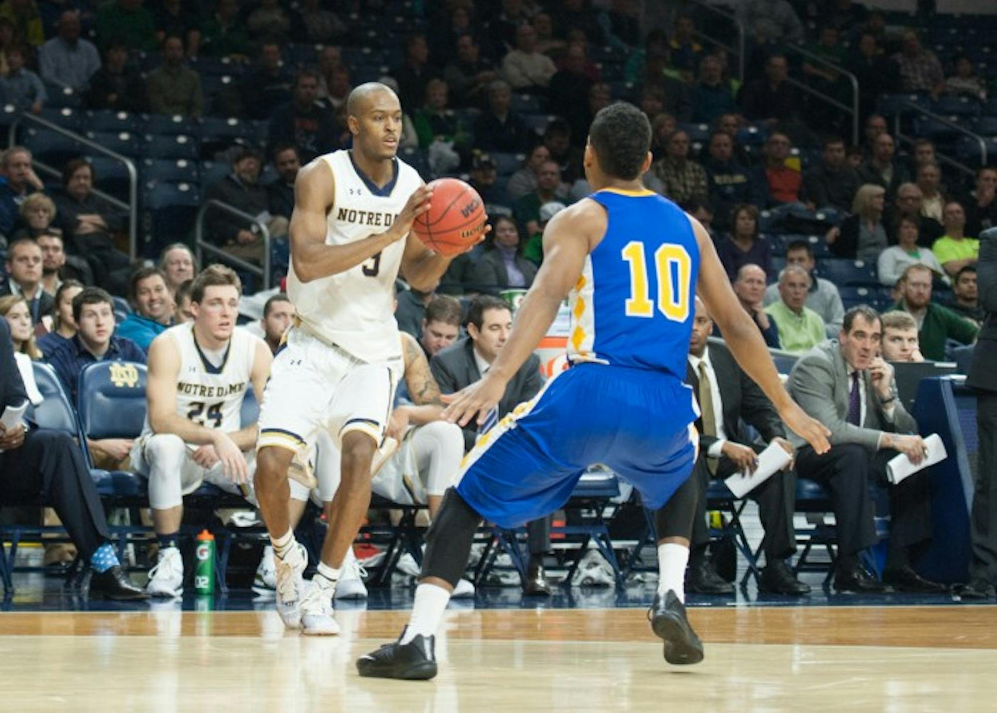 Notre Dame sophomore forward V.J. Beachem prepares to drive during Wednesday’s win over Coppin State at Purcell Pavilion.
