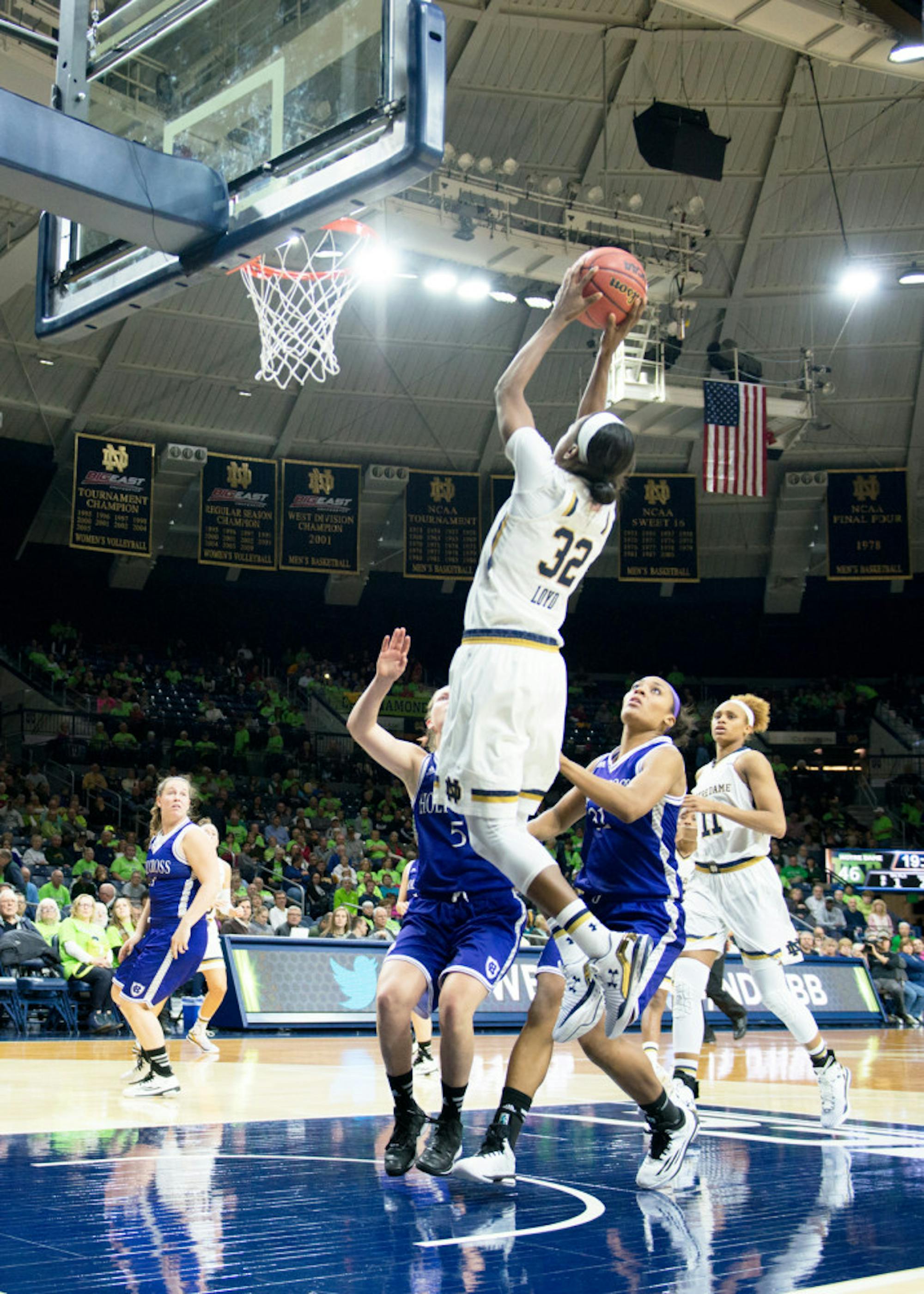 Irish junior guard Jewell Loyd puts up a shot during Notre Dame’s 104-29 win over Holy Cross. Loyd finished with 17 points.