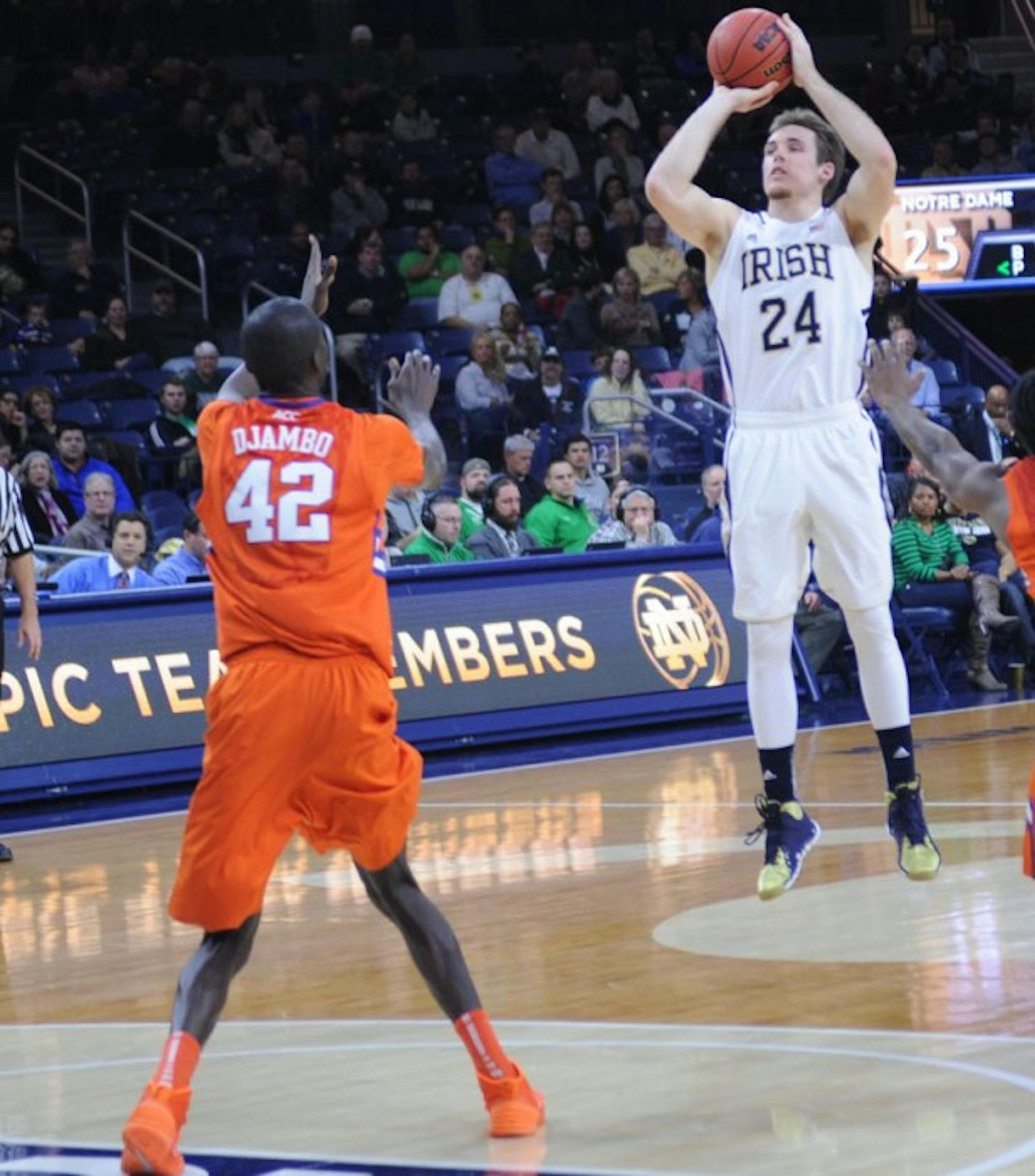 Irish junior guard Pat Connaughton rises up for a jumpshot in Notre Dame’s 68-64 win over Clemson on Feb. 11.