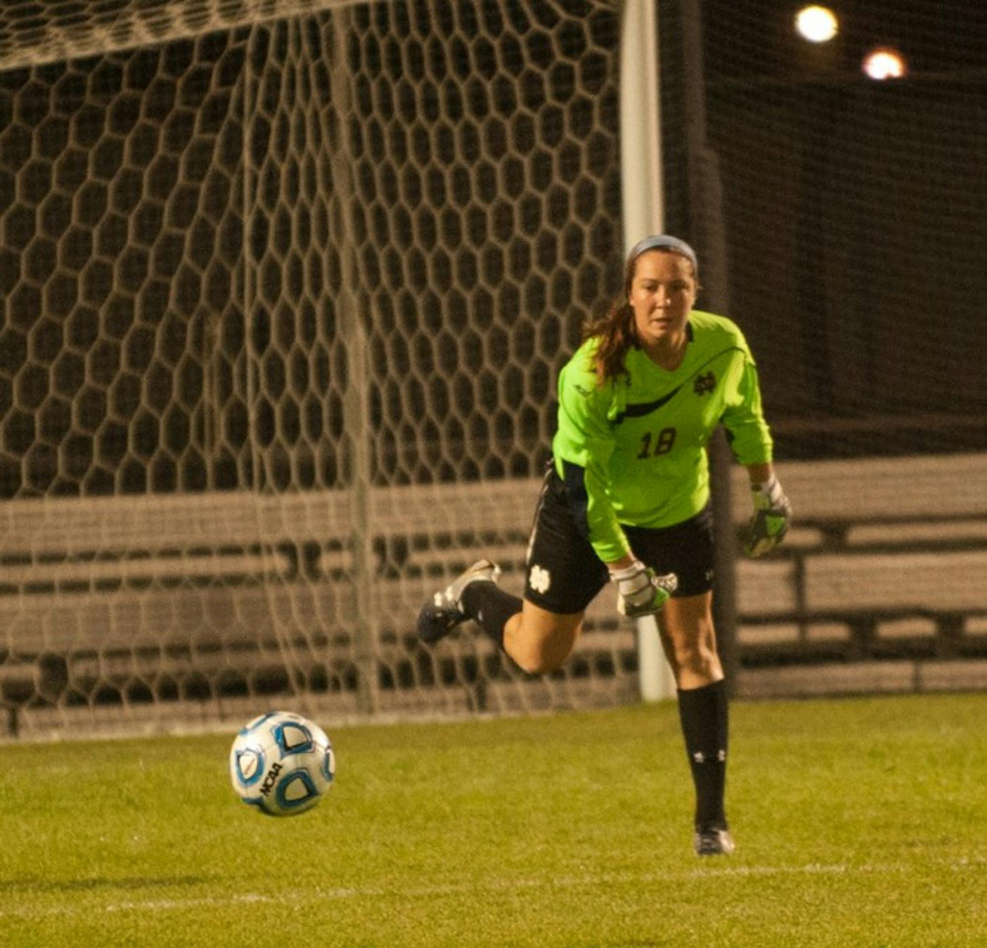 Irish sophomore goalkeeper Kaela Little throws the ball out of the box during Notre Dame's 2-1 loss to Texas Tech on Aug. 29.