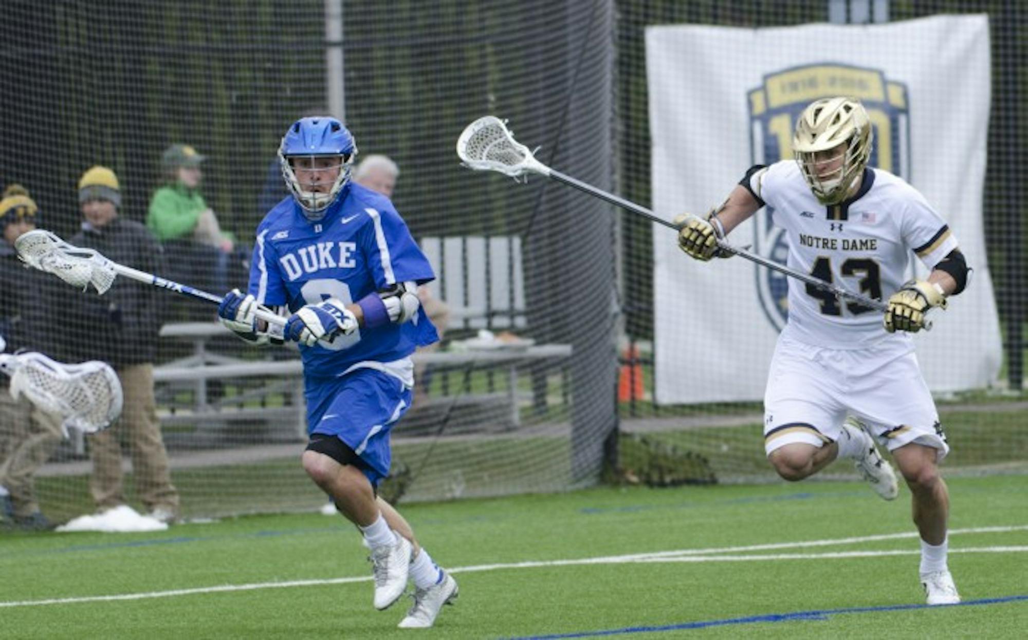 Irish senior defender Matt Landis runs to the loose ball during Notre Dame’s 8-6 win over Duke on April 10 at Arlotta Stadium. Landis has recovered 27 ground balls and caused 14 turnovers this season.