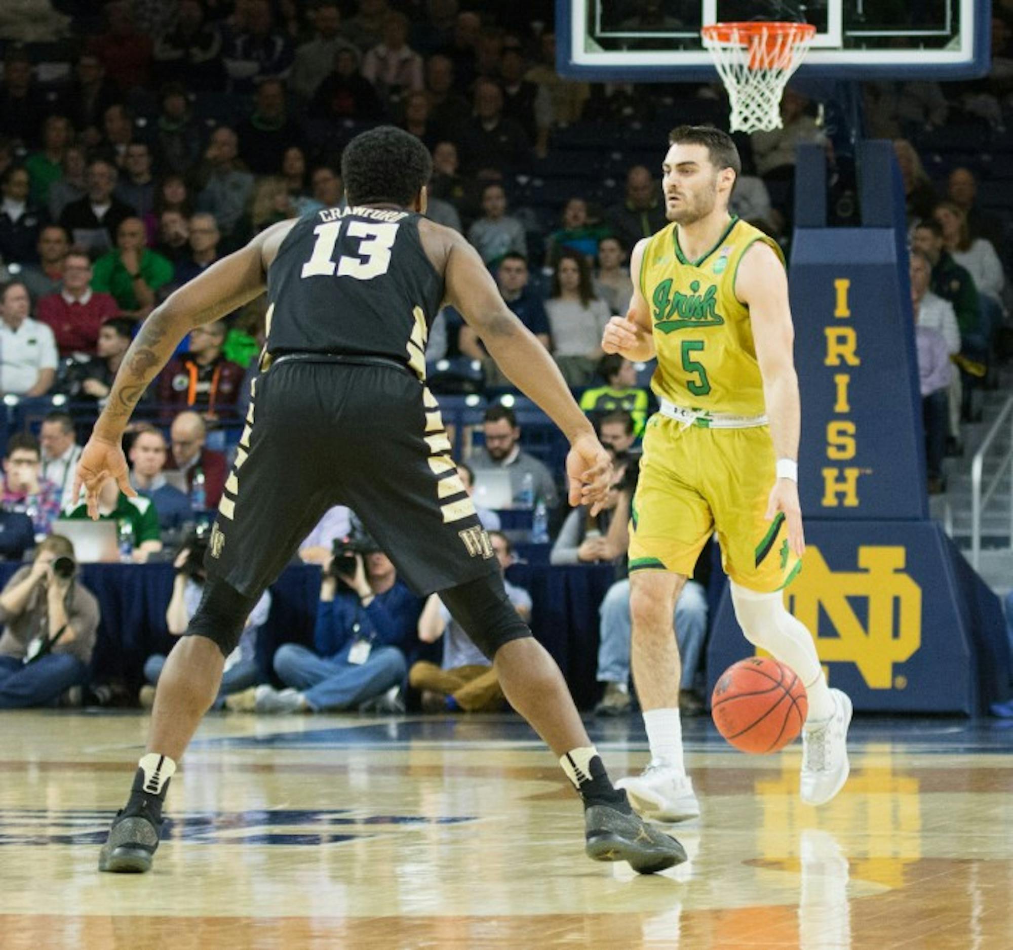 Irish junior guard Matt Farrell brings the ball across half court during Notre Dame’s 88-81 win over Wake Forest on Tuesday at Purcell Pavilion.