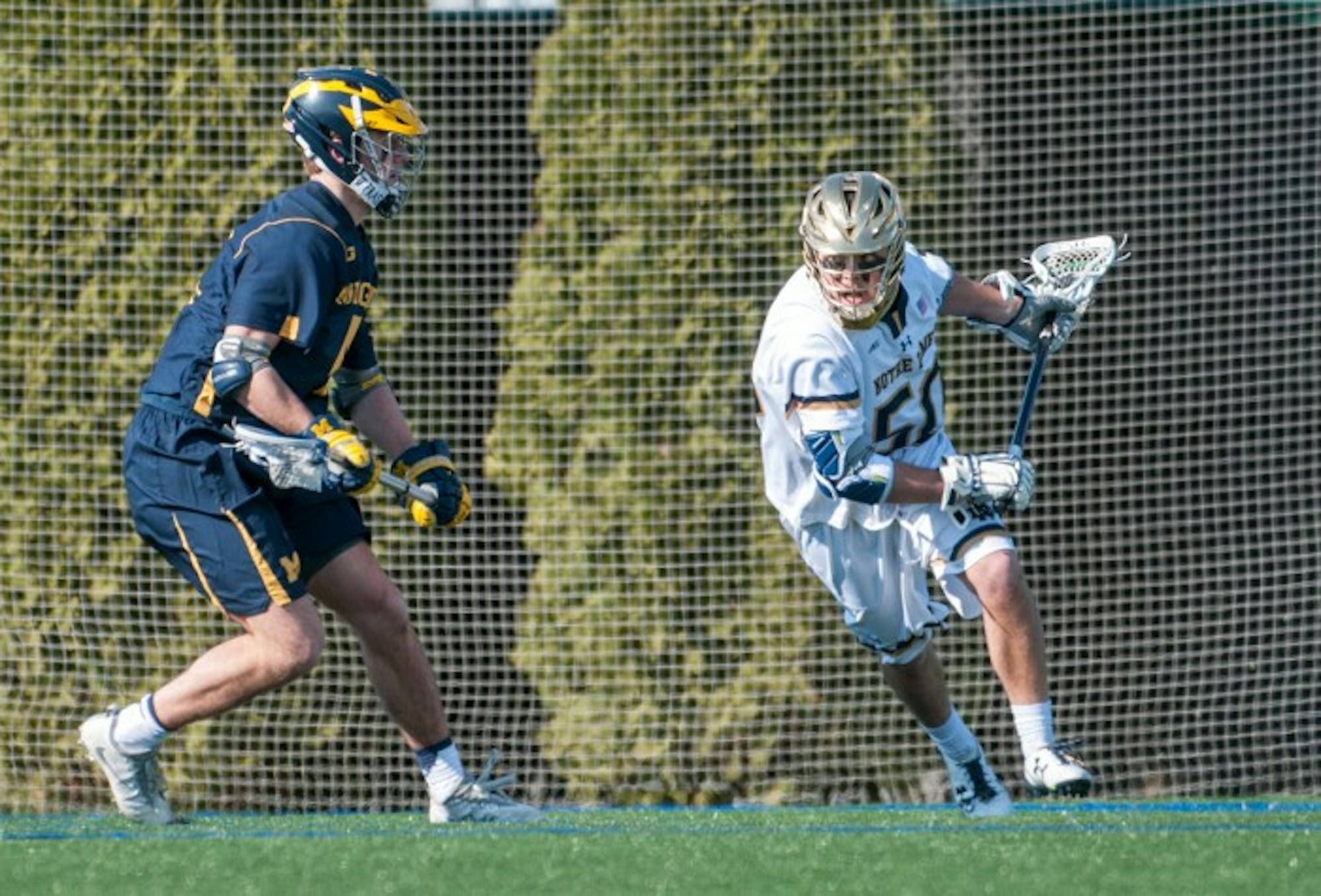 Irish sophomore attack Ryder Garnsey charges the goal during Notre Dame’s 16-5 victory over Michigan on Feb. 26 at Arlotta Stadium.