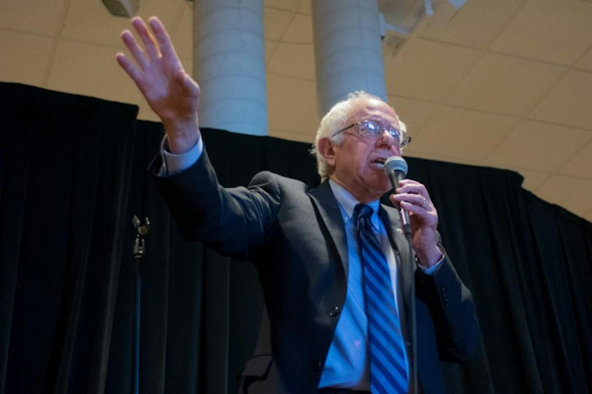 Sanders gives his stump speech at a rally Sunday night, just two days before the Indiana primary elections.