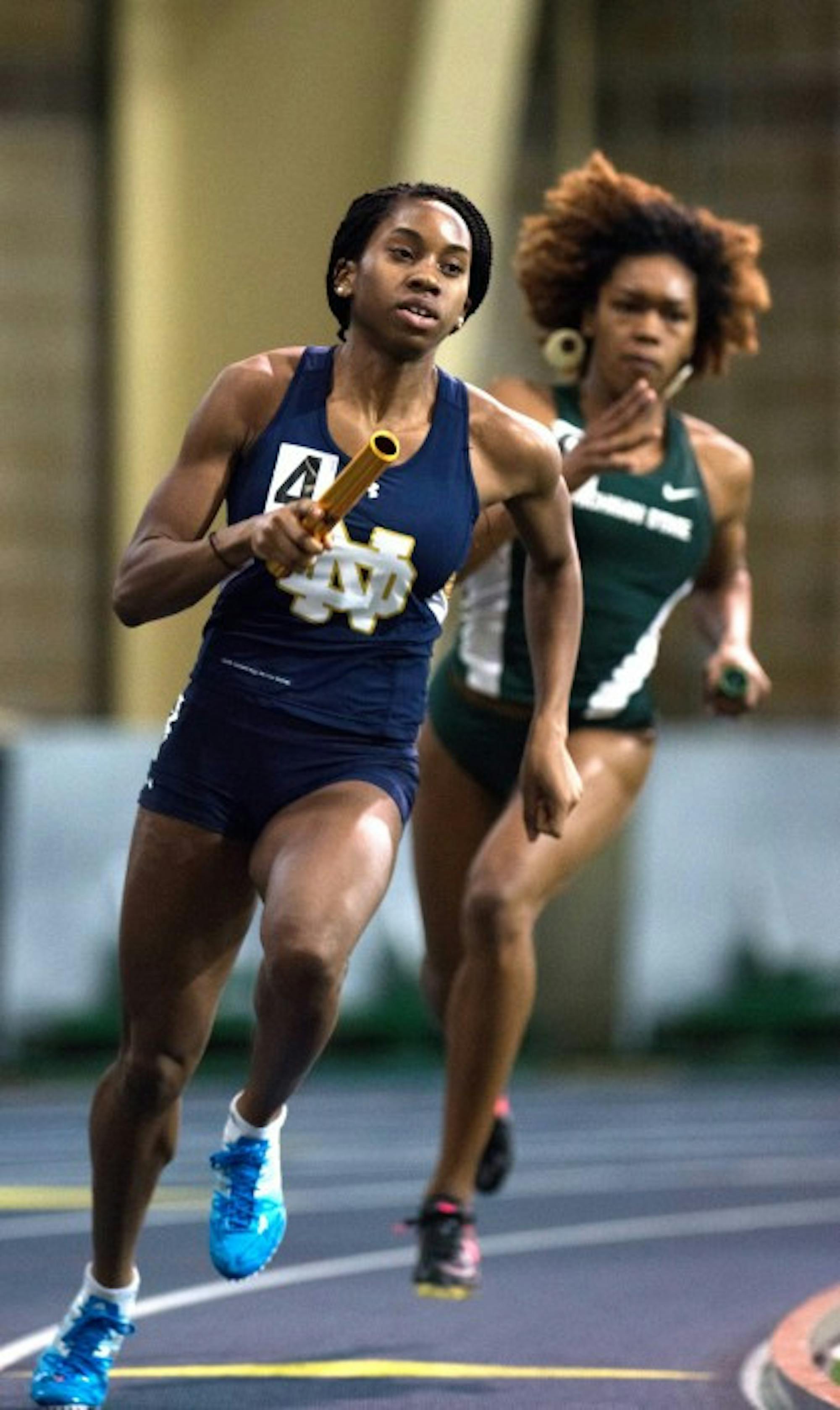 Junior Margaret Bamgbose runs in the 4x400-meter relay during the Notre Dame Invitational at Loftus Sports Center on Jan. 24.