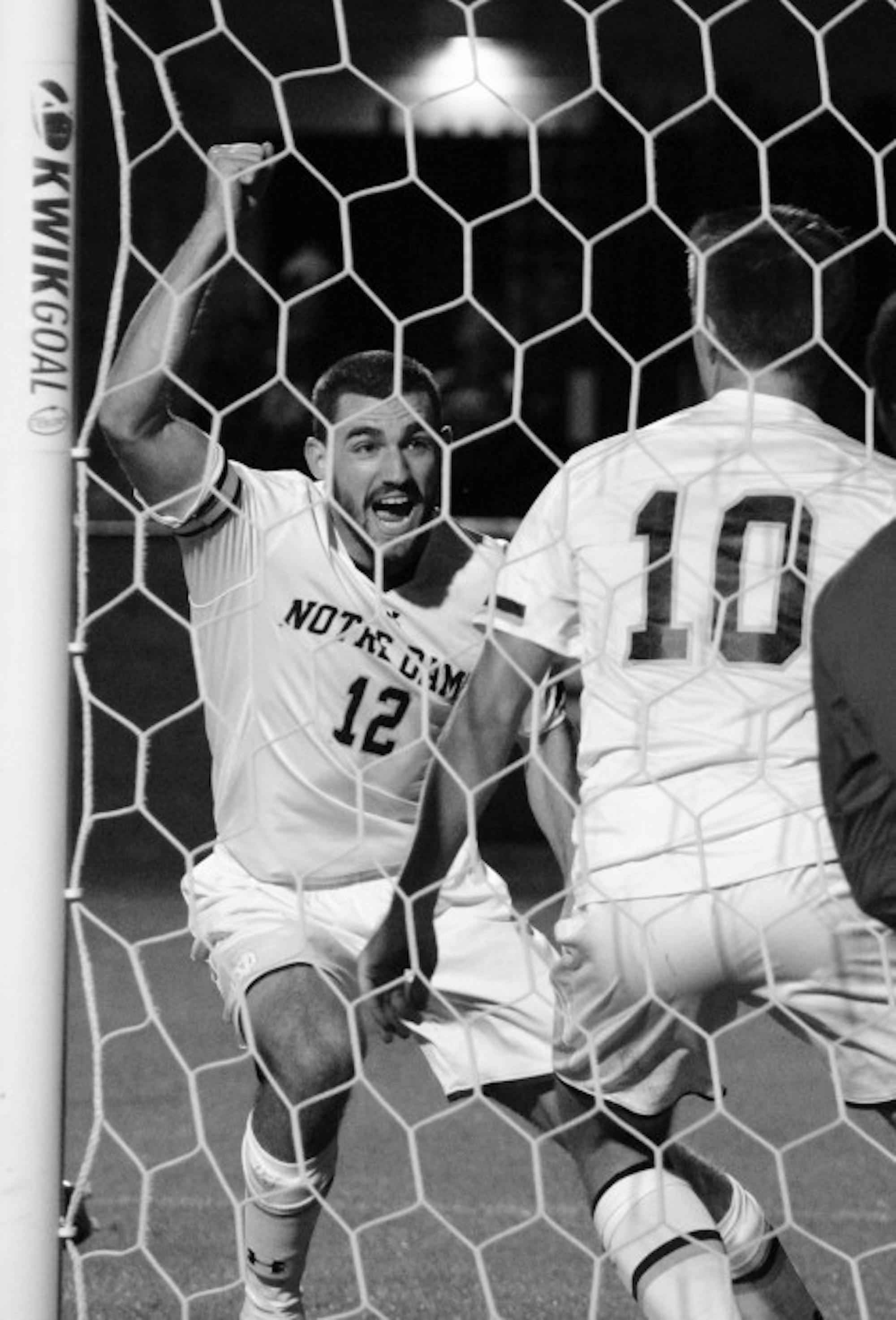 Irish graduate student defender Andrew O’Malley celebrates after his goal Friday in the 3-2 home win over Louisville on Friday.