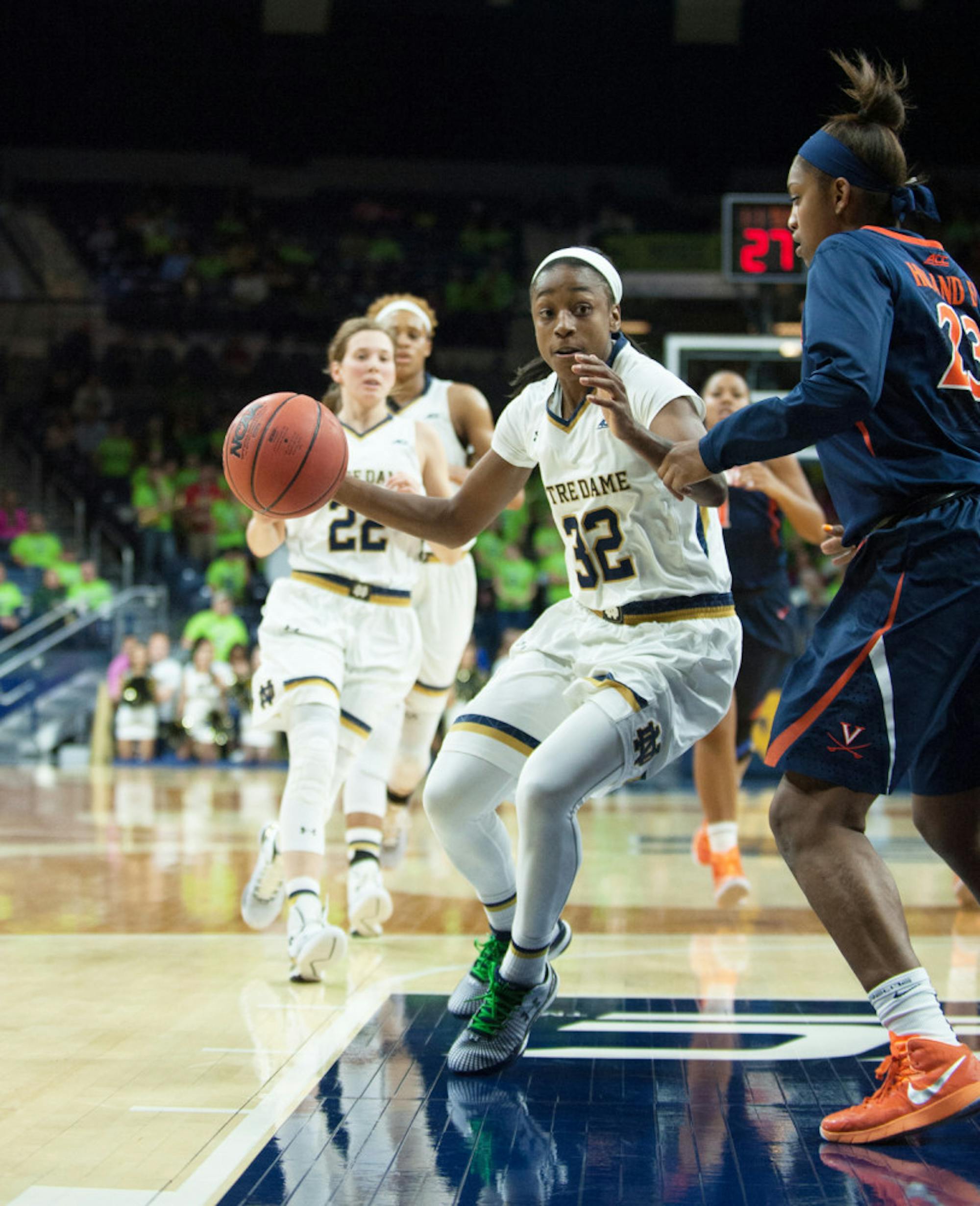 Irish junior guard Jewell Loyd drives towards the hoop during Notre Dame’s 75-54 win against Virginia on Feb. 5 at Purcell Pavilion.
