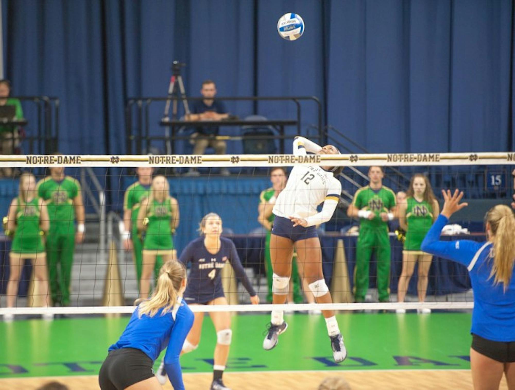 Irish freshman outside hitter Jemma Yeadon gets ready to spike the ball during Notre Dame’s 3-1 victory   over Duke on Sept. 30 at Purcell Pavilion. Yeadon tallied 18 kills, 29 digs and 7 blocks in the match.