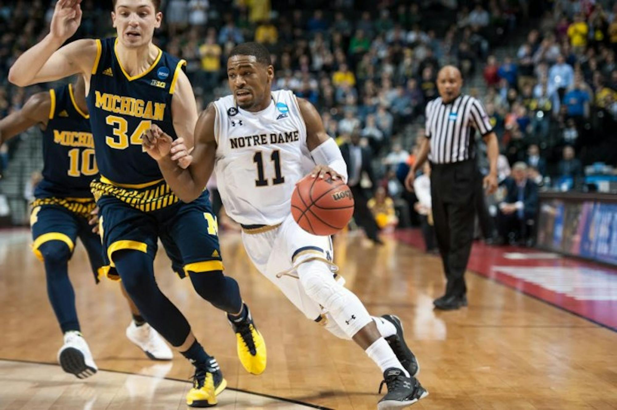 Junior guard Demetrius Jackson drives during Notre Dame’s 70-63 win over Michigan on Friday in Brooklyn, New York.
