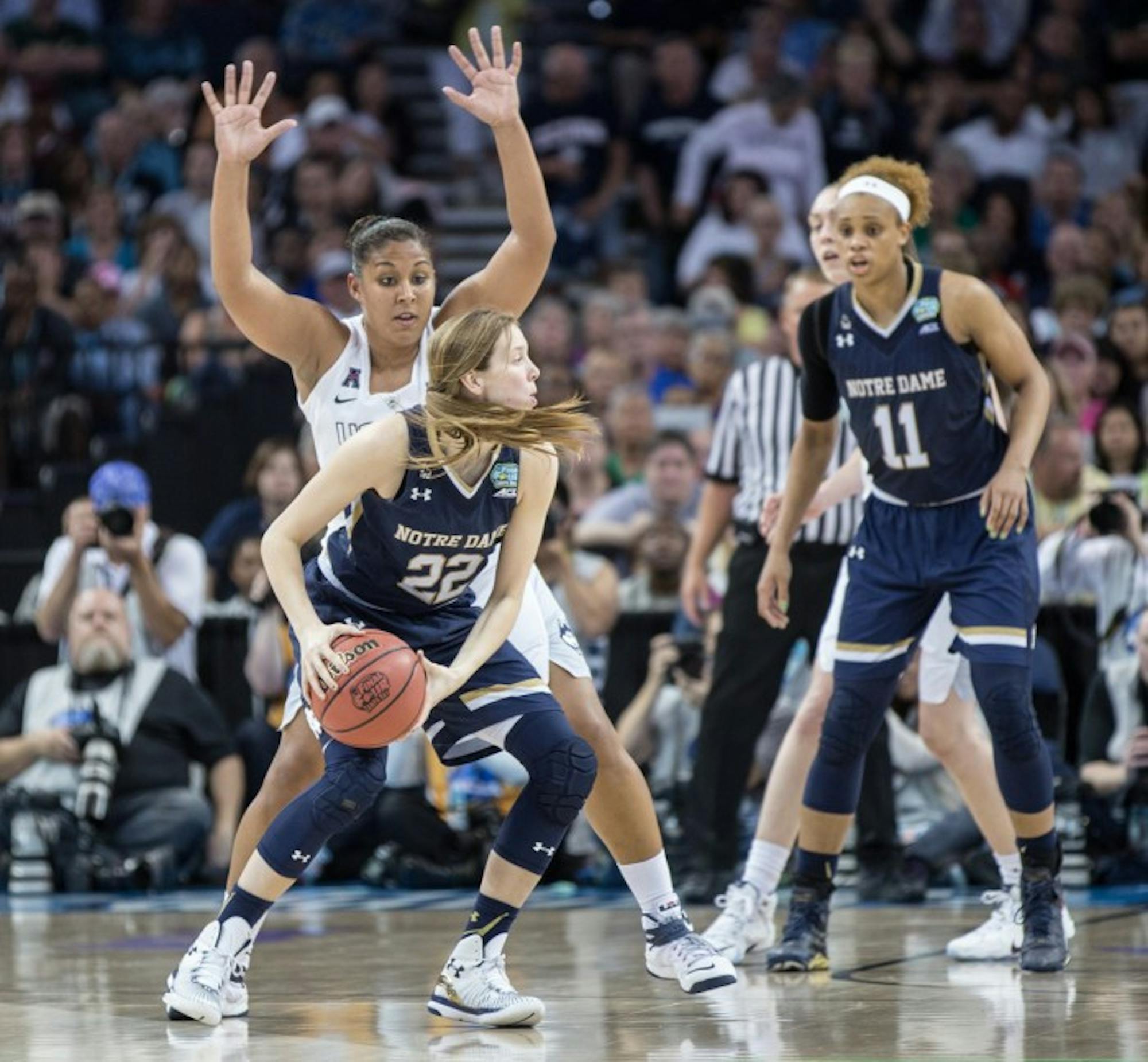 Graduate student guard Madison Cable looks to pass during Notre Dame’s 63-53 loss to Connecticut in the NCAA championship game in Tampa, Florida on April 7. Cable scored 12 points in Saturday’s win.